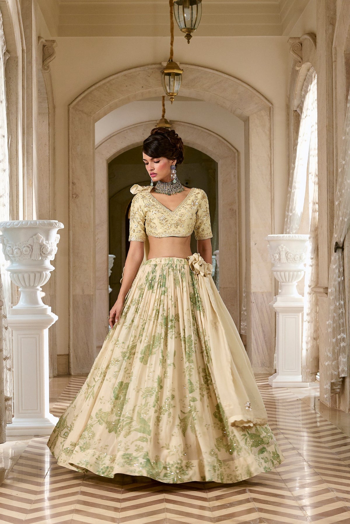 ivory and green organza lehenga set, image 1
