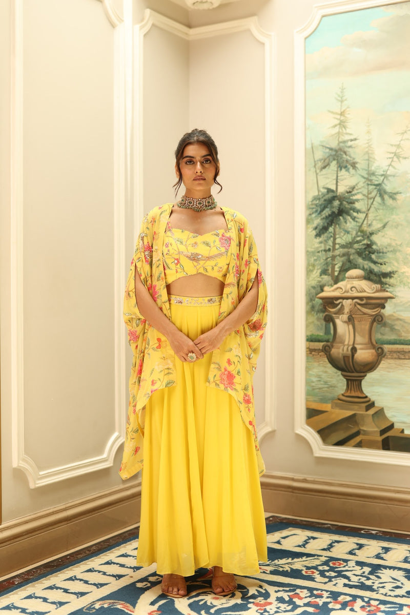 Yellow Floral Georgette Jacket and Palazzo Set