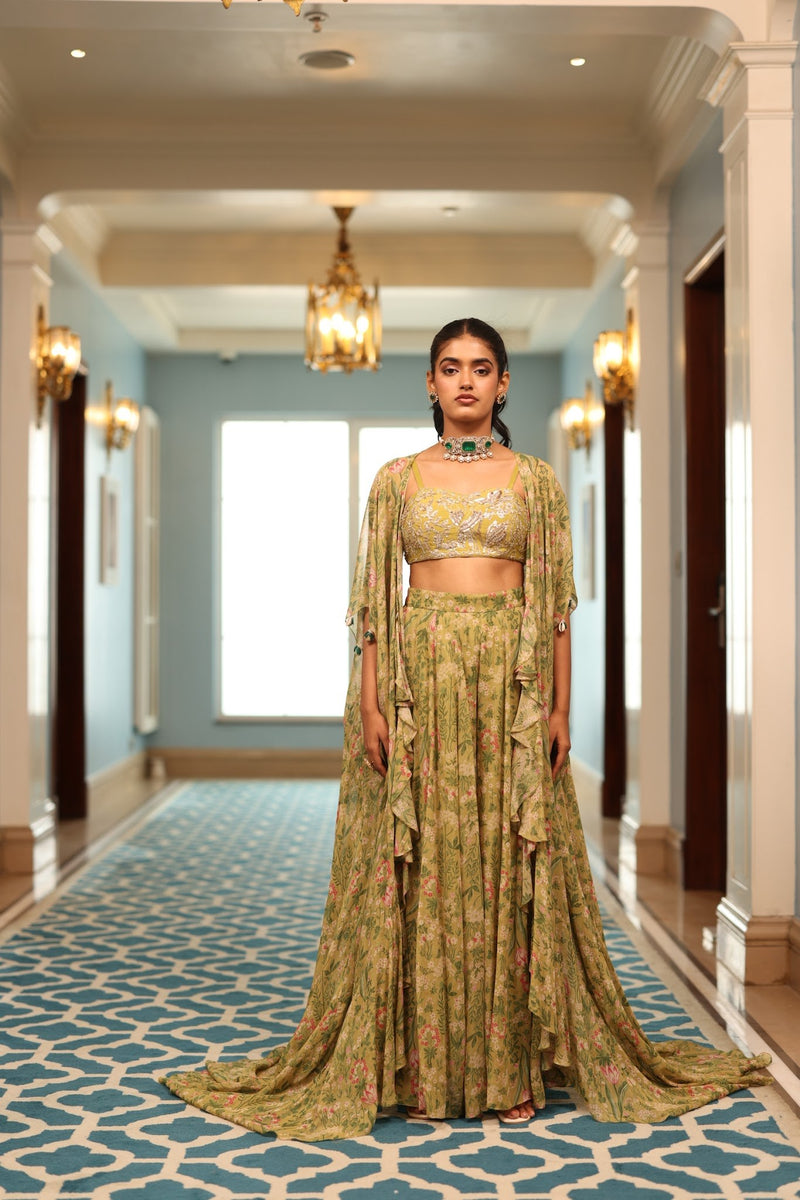 Olive Green Floral Georgette Frill Jacket and Sharara Set