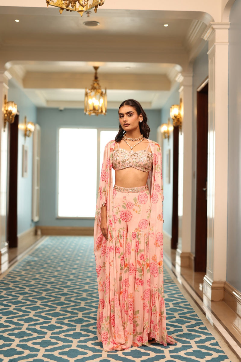 Pink Floral Georgette Jacket and Sharara Set