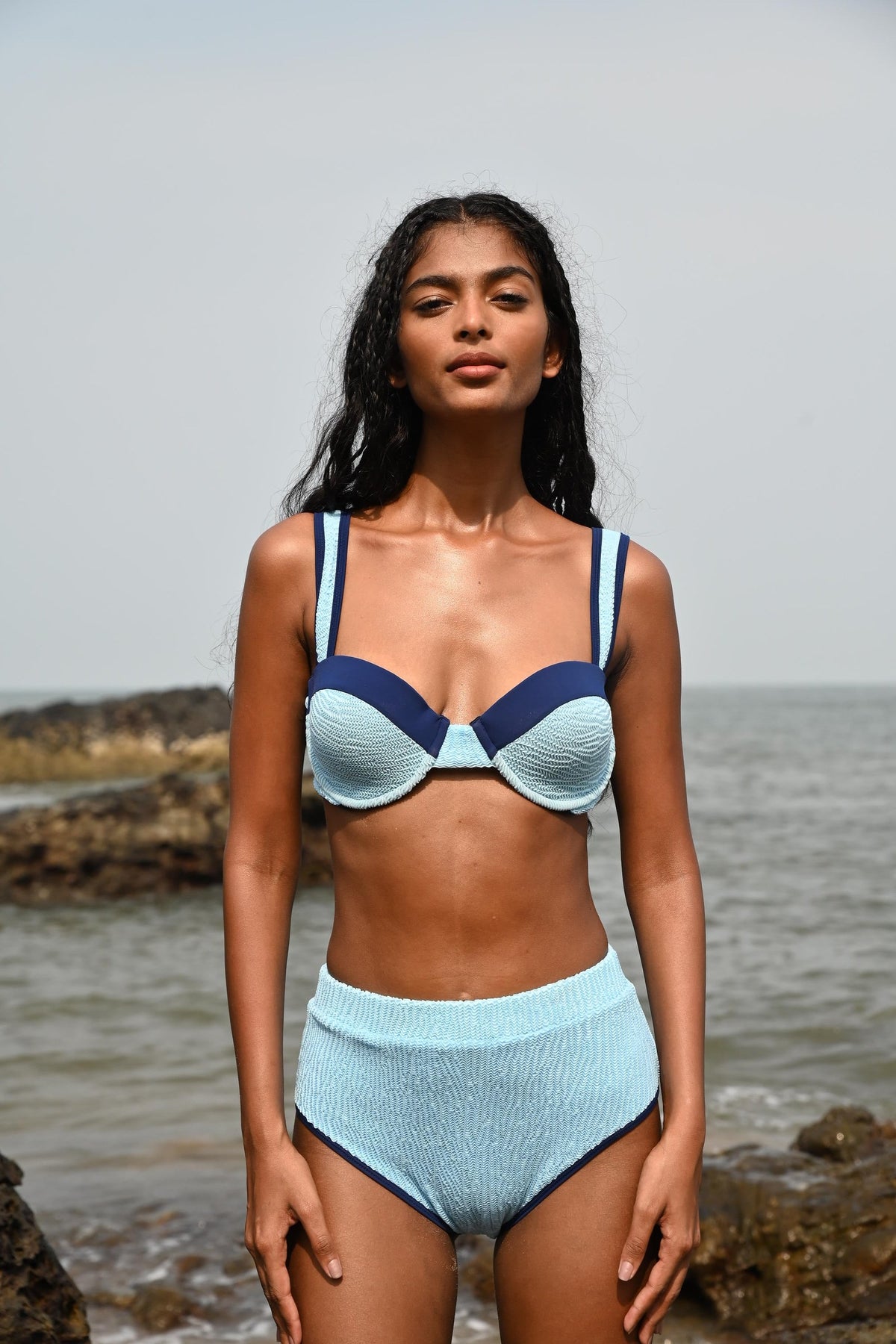 high waisted bikini bottom in light blue, image 1