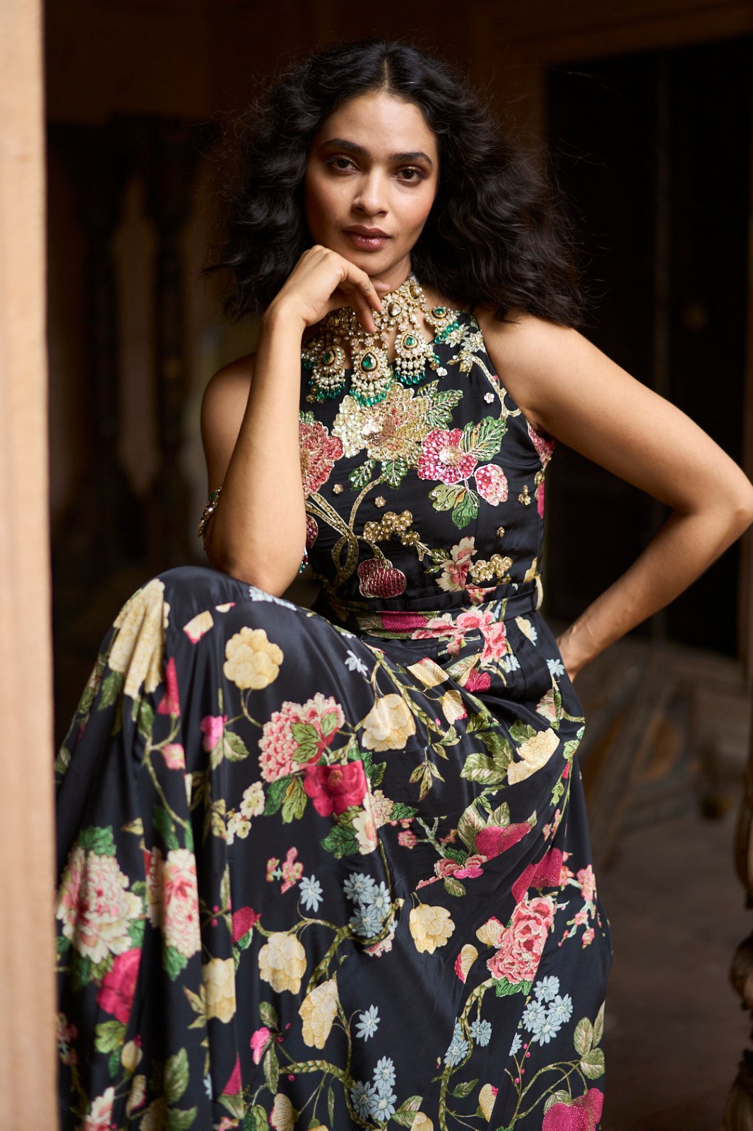 black floral print halter jumpsuit, image 1