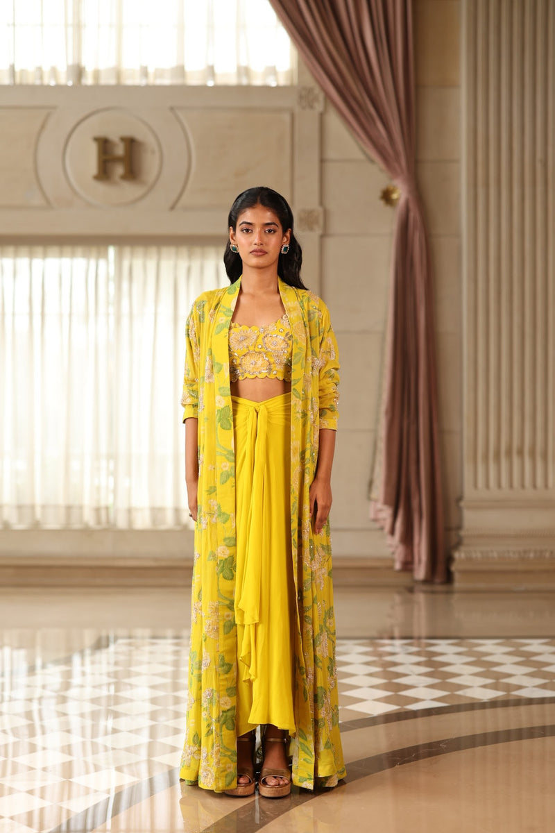 Yellow Floral Georgette Jacket and Draped Skirt Set