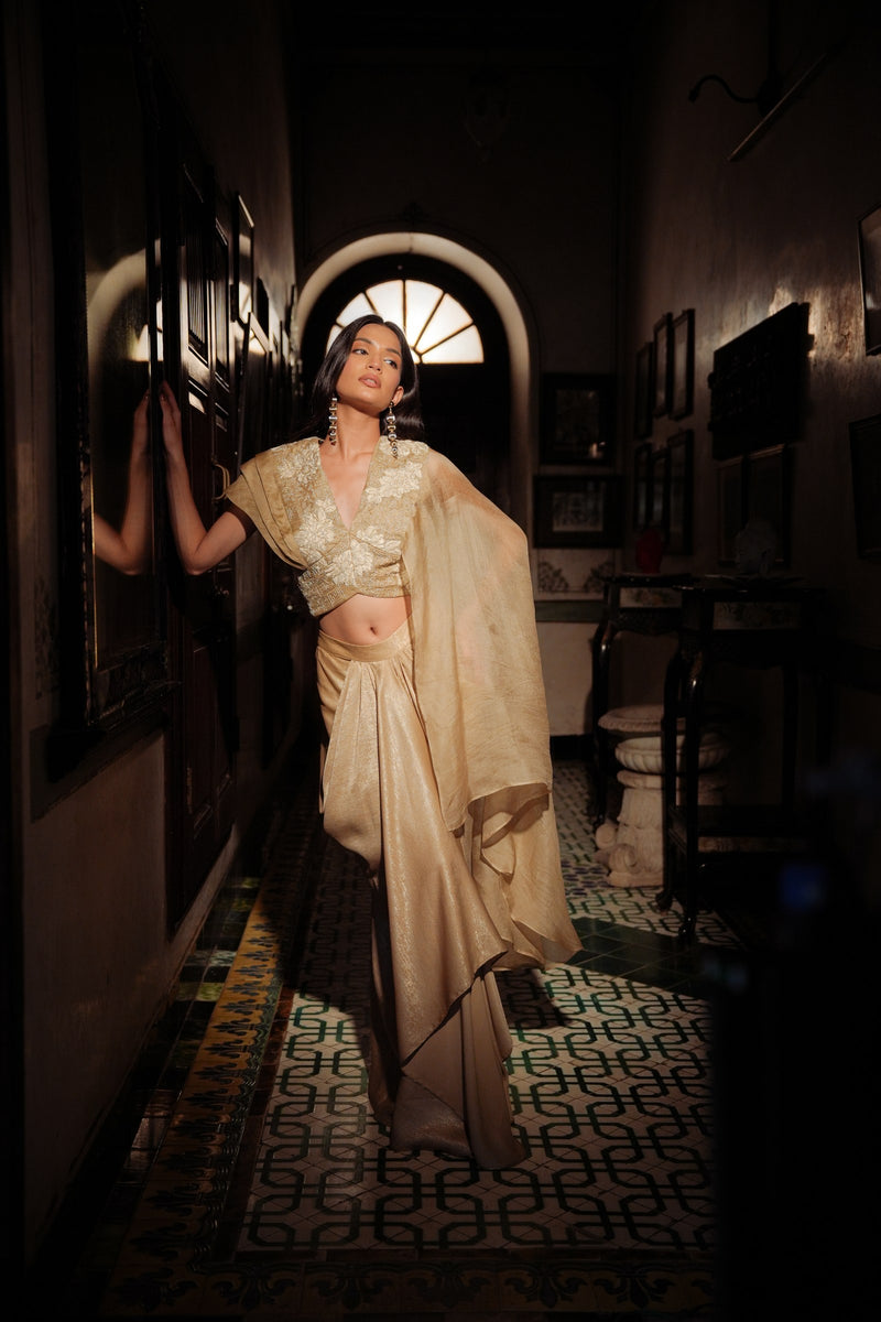 Golden Serenade Drape Saree Set