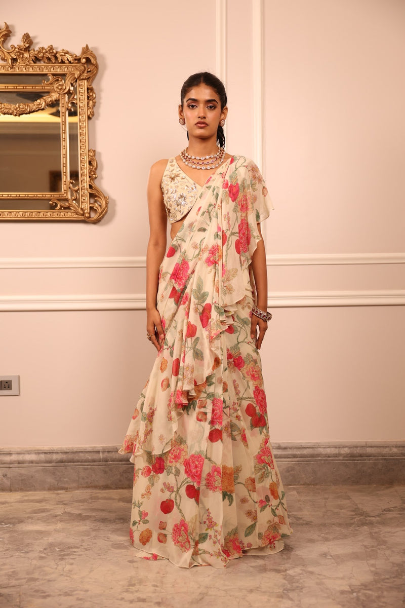 Ivory Vintage Floral Georgette Ruffle Saree Set