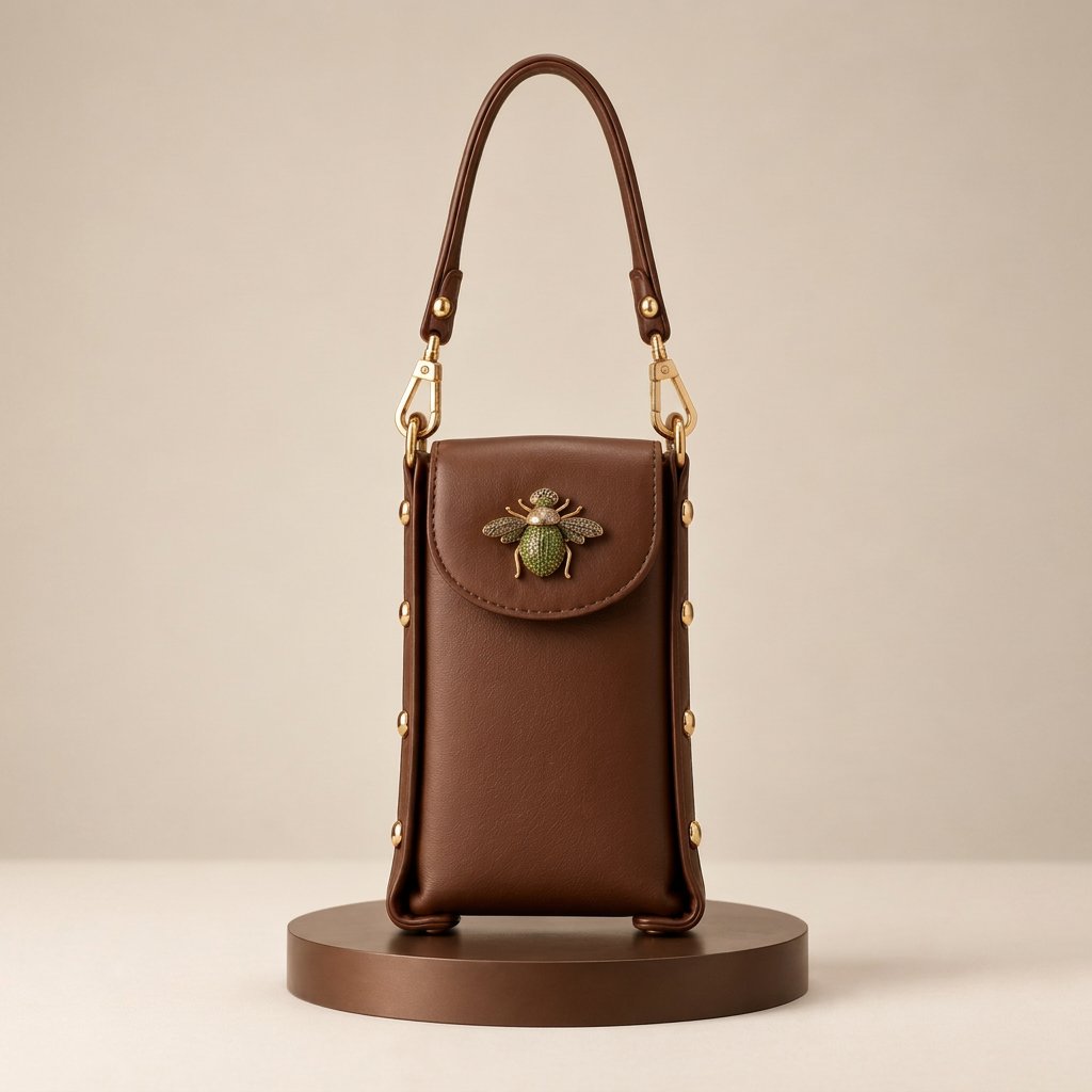 bee bling bag in tan with green bee, image 1