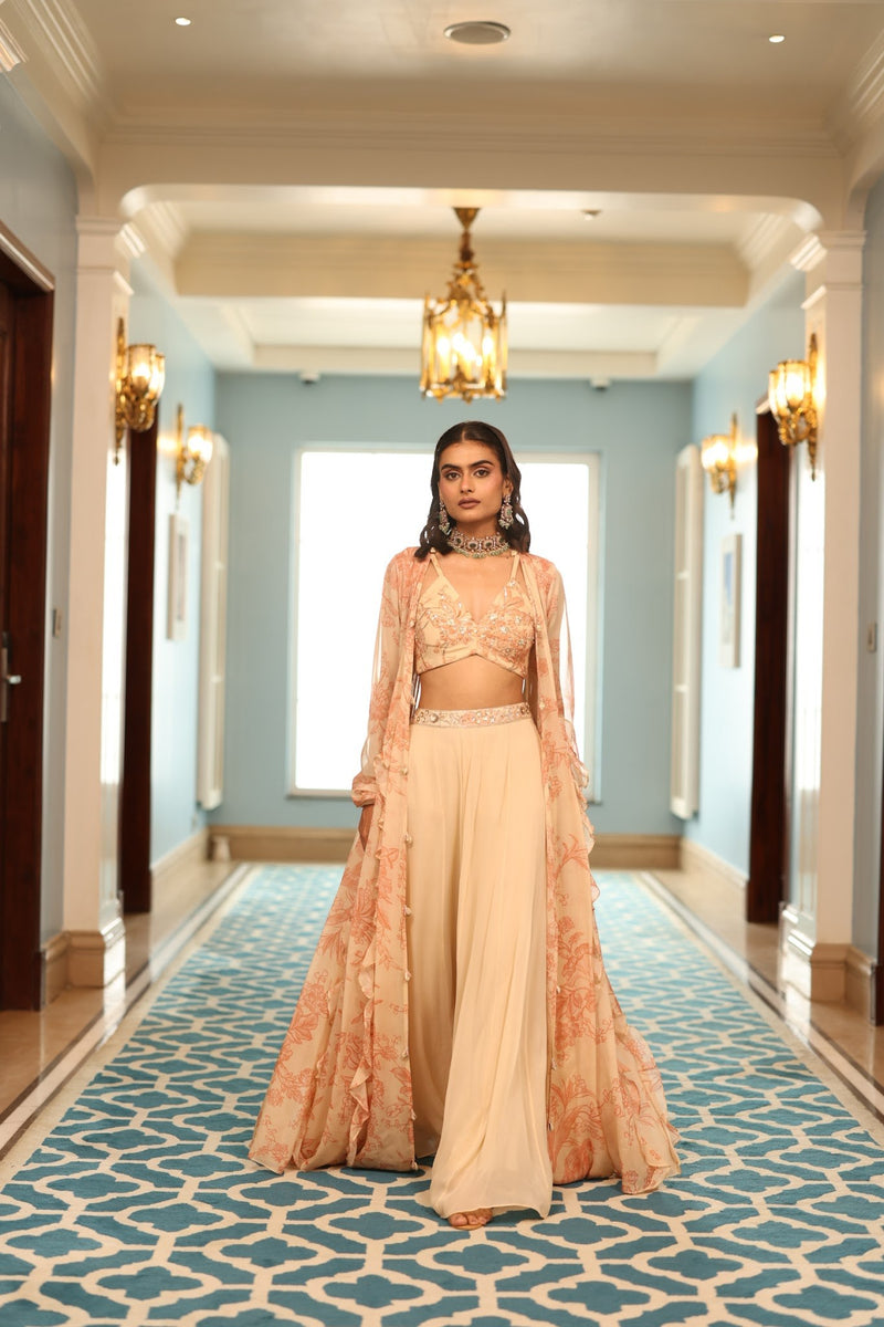 Pastel Peach Floral Georgette Jacket and Beige Palazzo Set