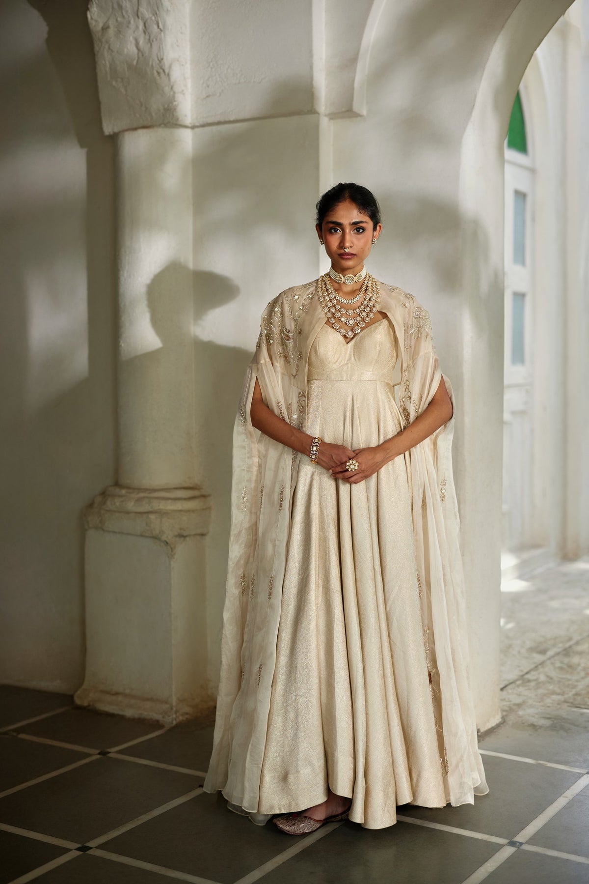 ivory jamavar anarkali and organza cape set, image 1