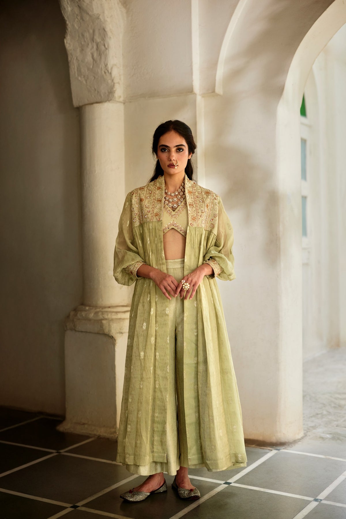 pista green jamavar blouse, palazzo and jacket set, image 1