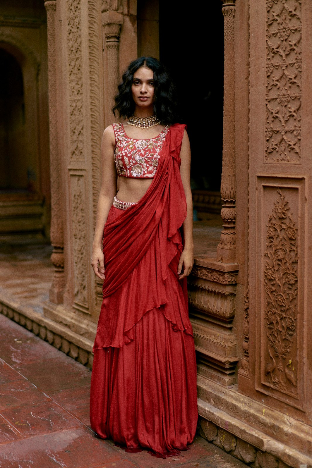 crimson red chiffon ruffle saree set, image 1