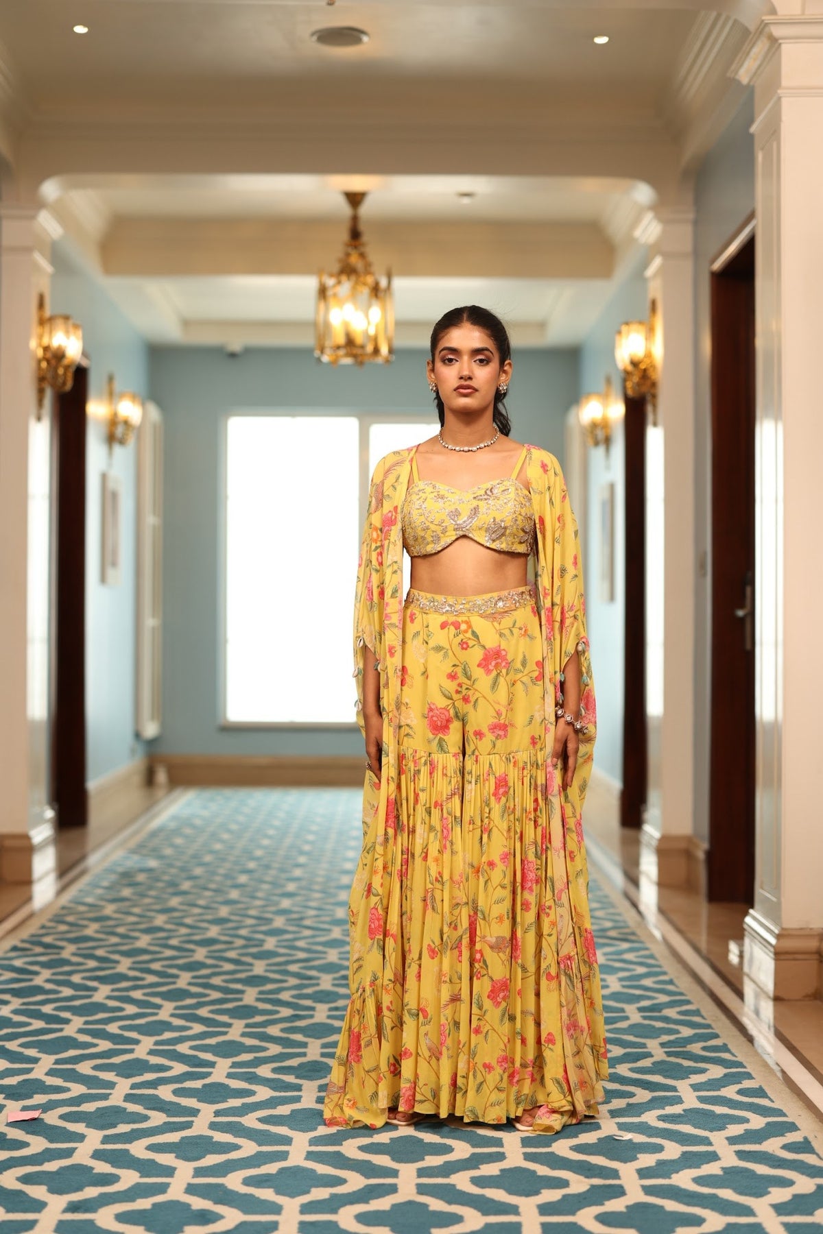 yellow floral georgette jacket and sharara set, image 1
