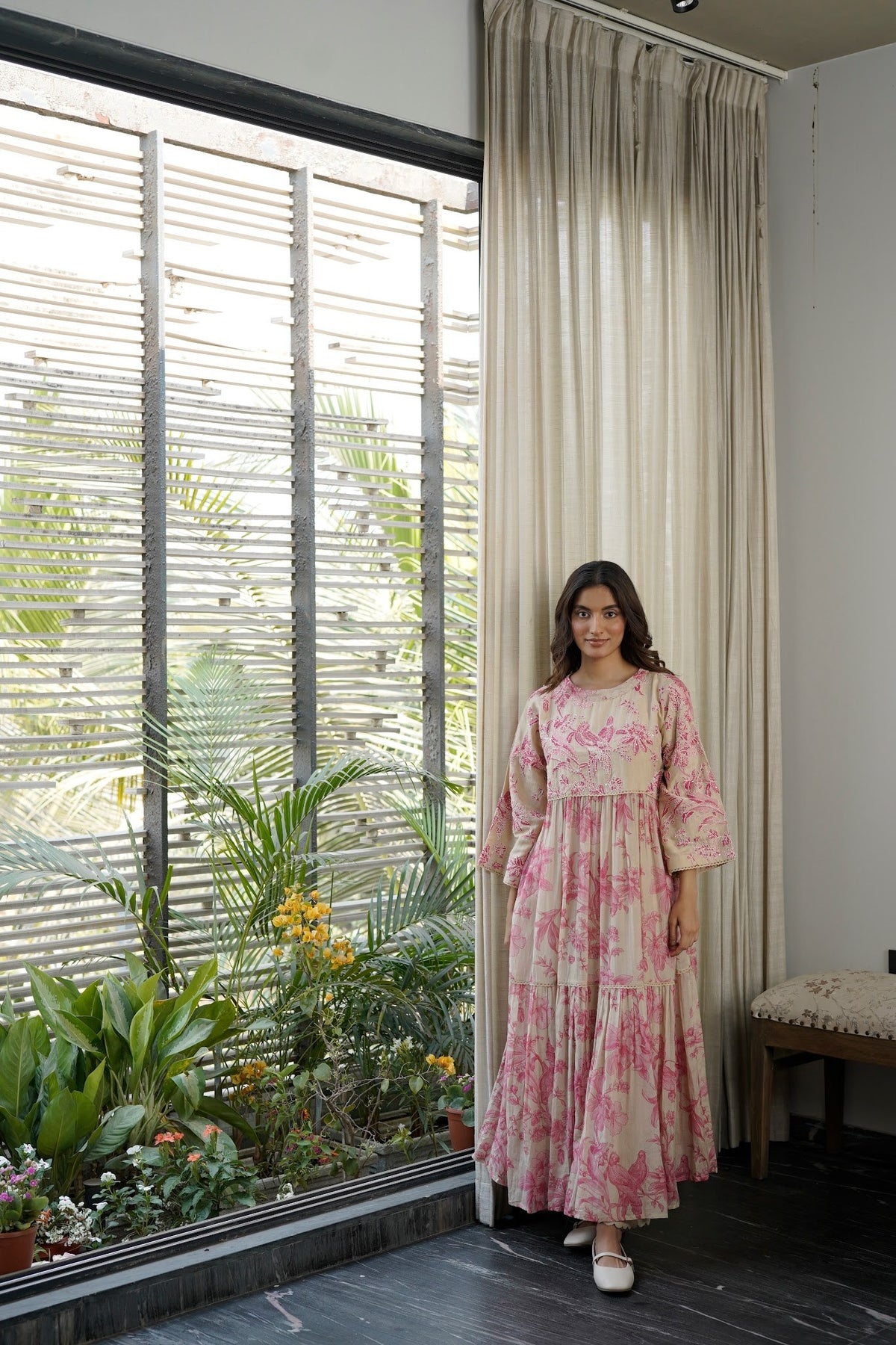 pink and ivory bird print tiered maxi dress with pants and scarf, image 1