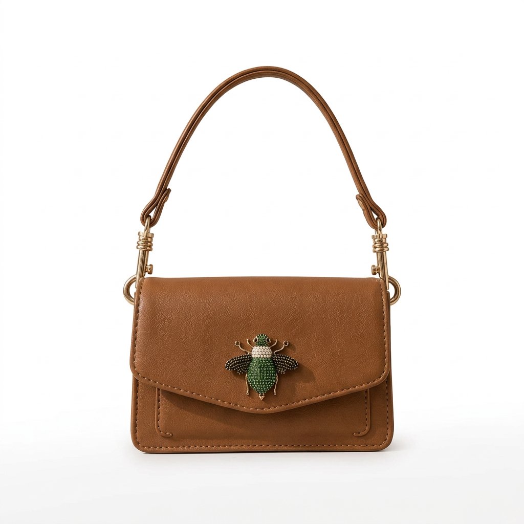 kendall hand bag in tan with green bee, image 1