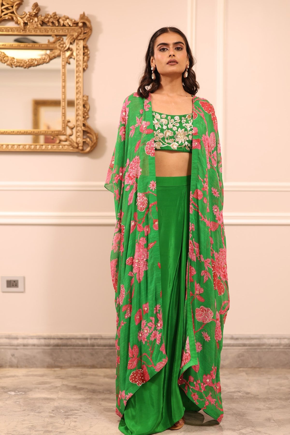 green floral jacket and crepe draped skirt set, image 1