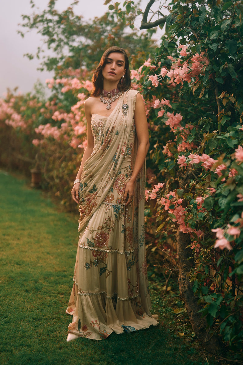 Ivory Chiffon Saree and Corset Set