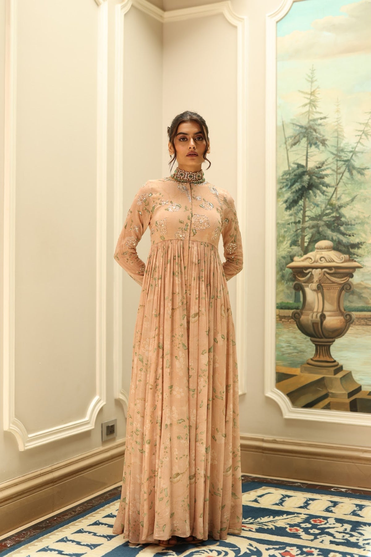 peach floral georgette anarkali, image 1
