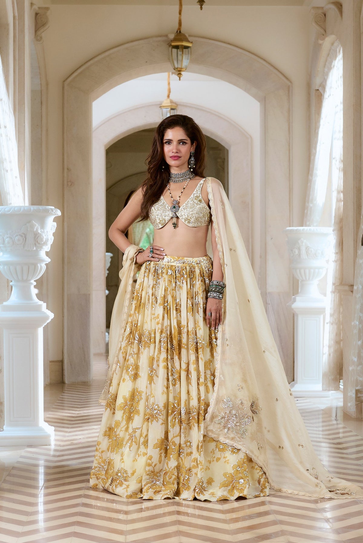 ivory and golden yellow floral lehenga set, image 2