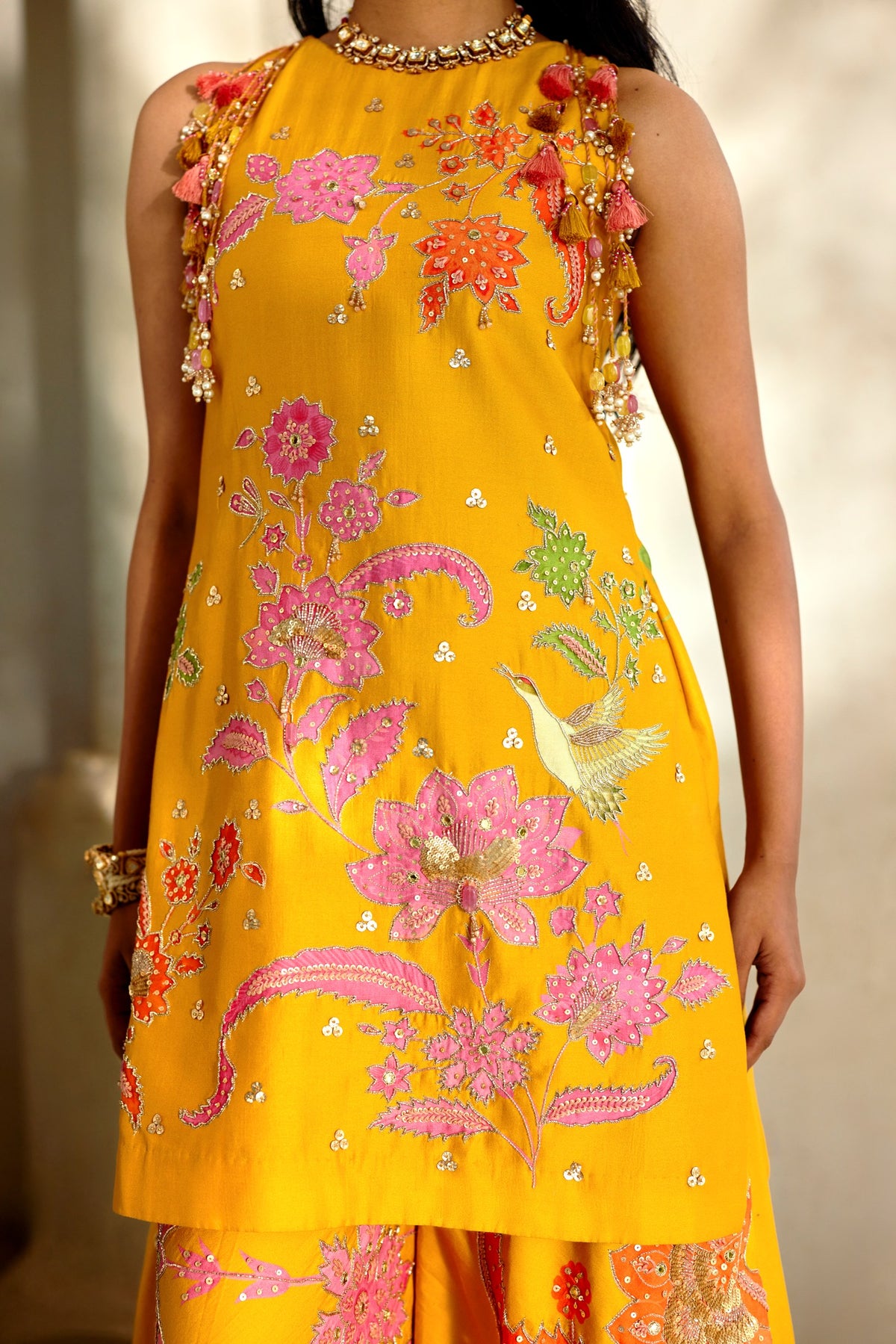 golden honey floral kurti and palazzo set, image 2