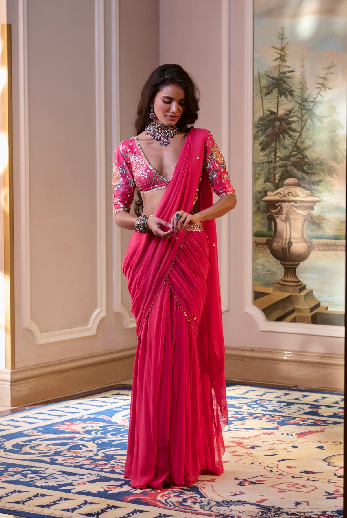 hot pink pre-draped saree set with belt, image 2