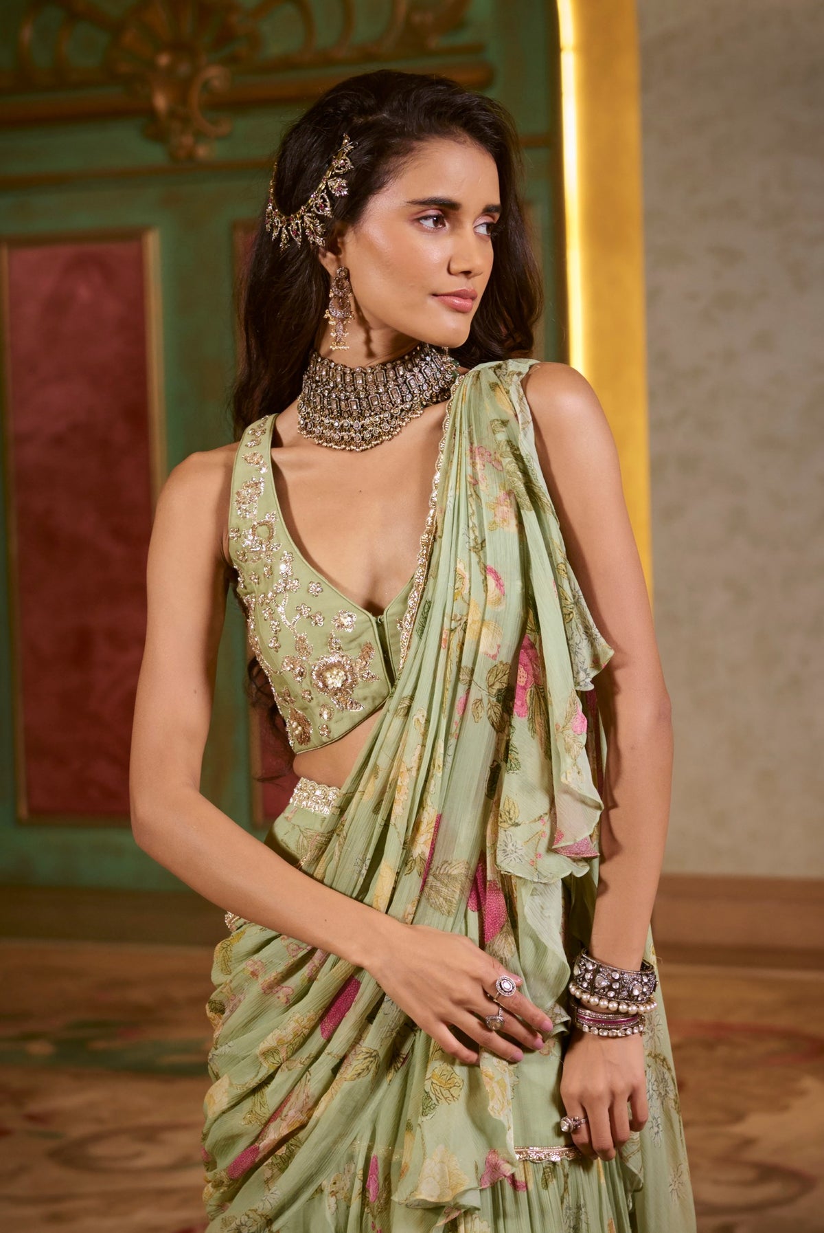 sage green chiffon ruffle saree set, image 2