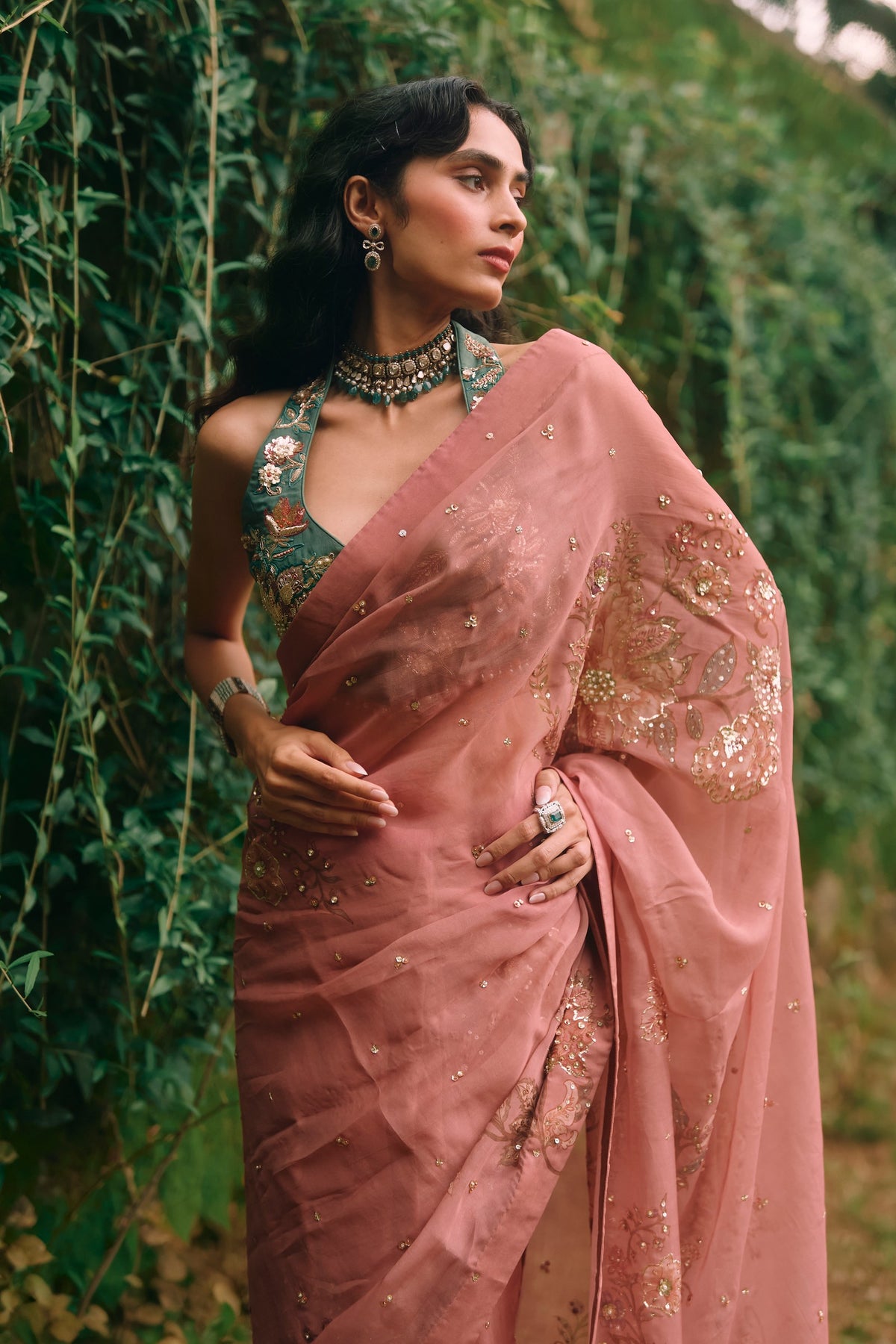 rosy saree set in salmon pink, image 2