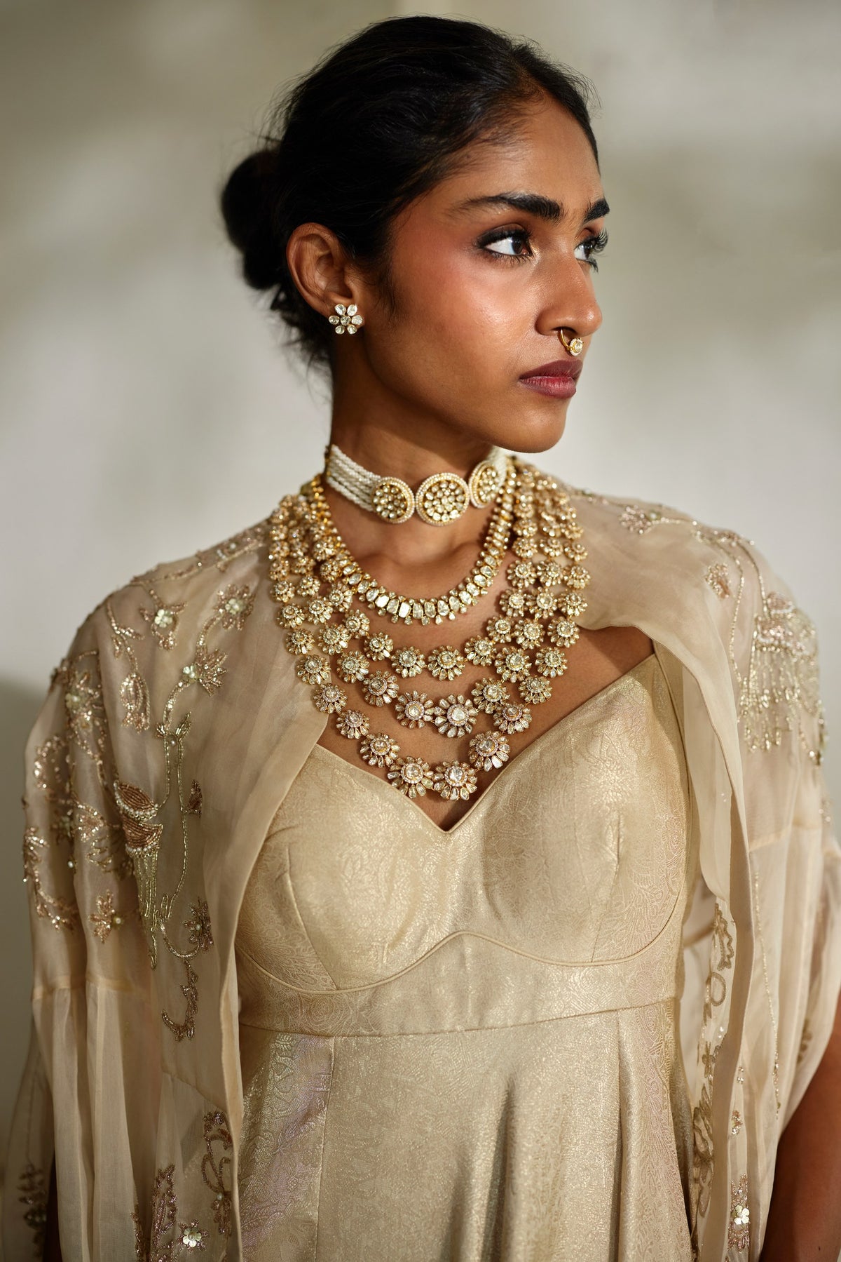 ivory jamavar anarkali and organza cape set, image 2