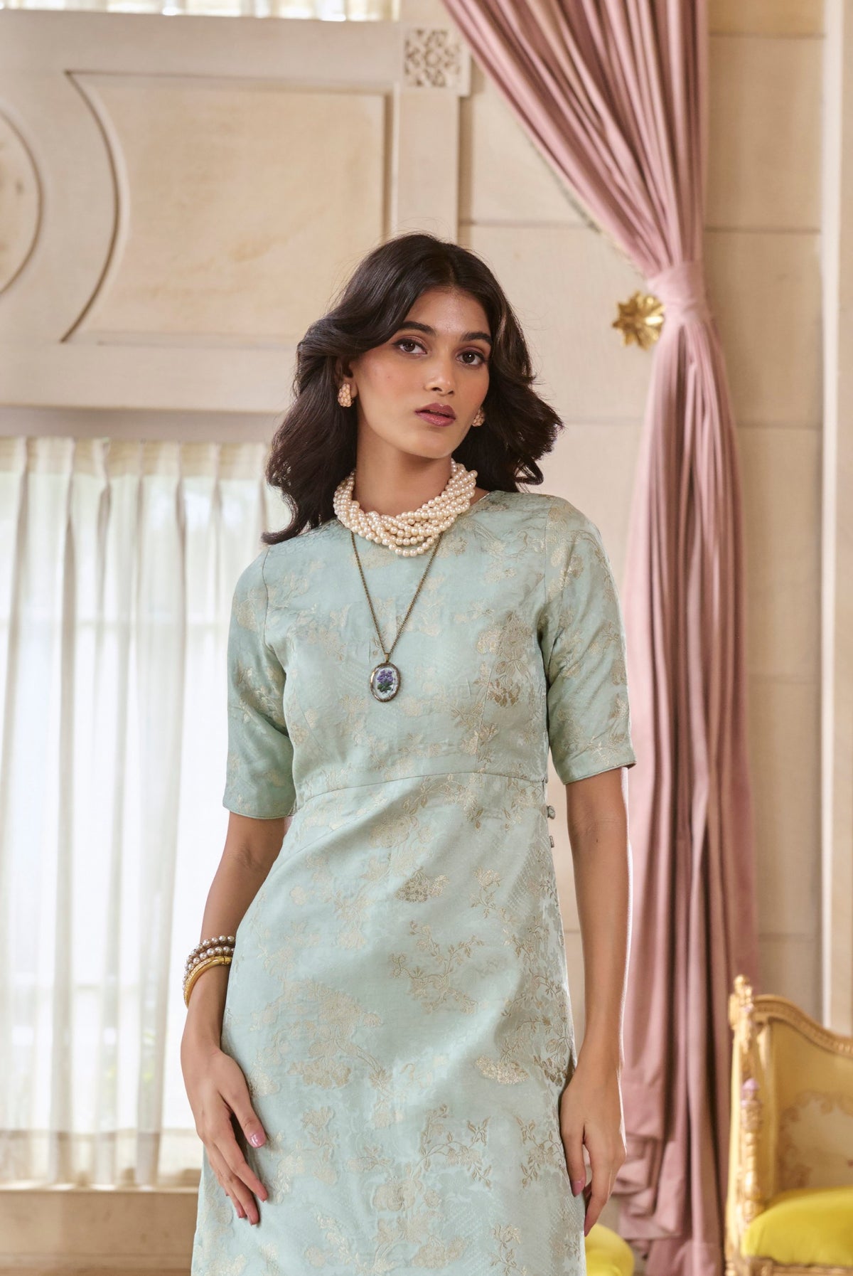 mint green jacquard kurta set with dupatta, image 2