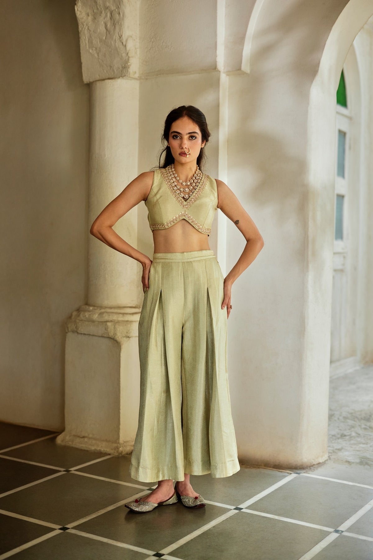 pista green jamavar blouse, palazzo and jacket set, image 2