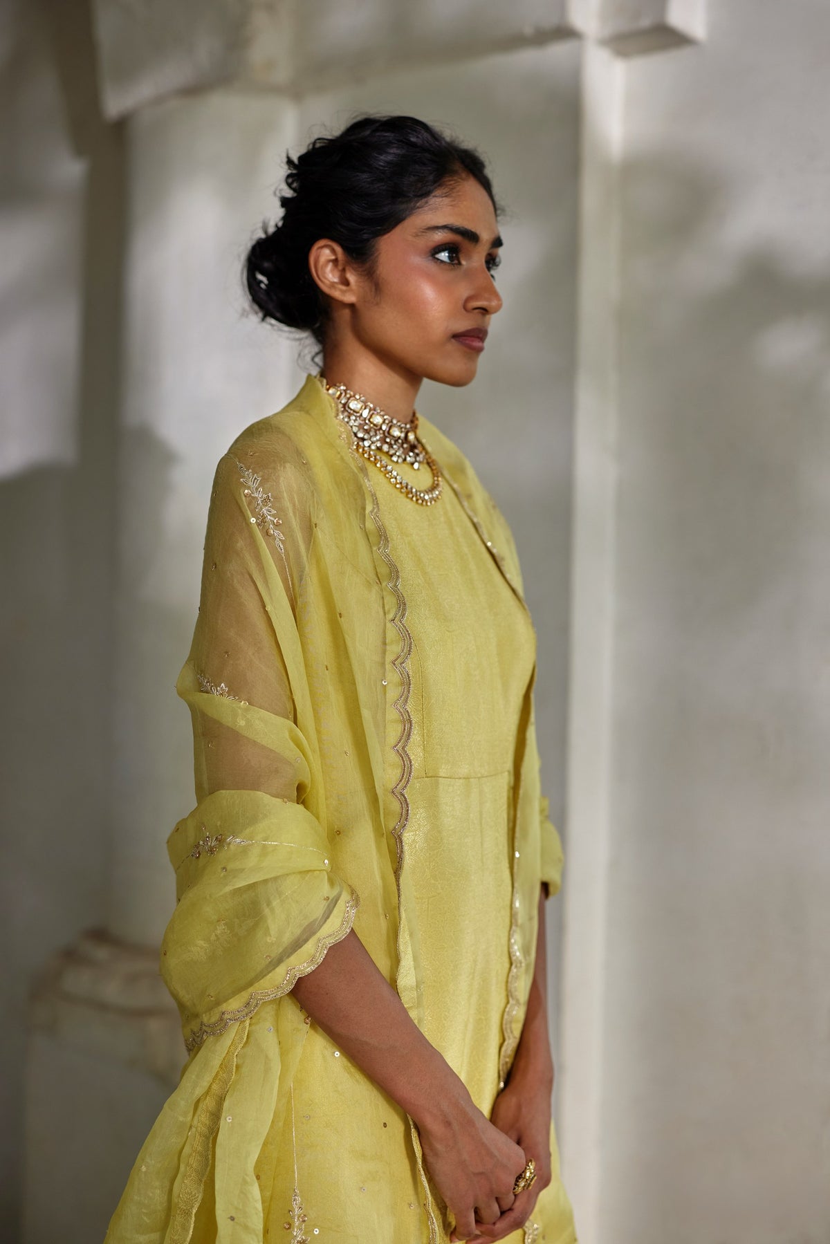 soft yellow jamavar kurta and palazzo set, image 2