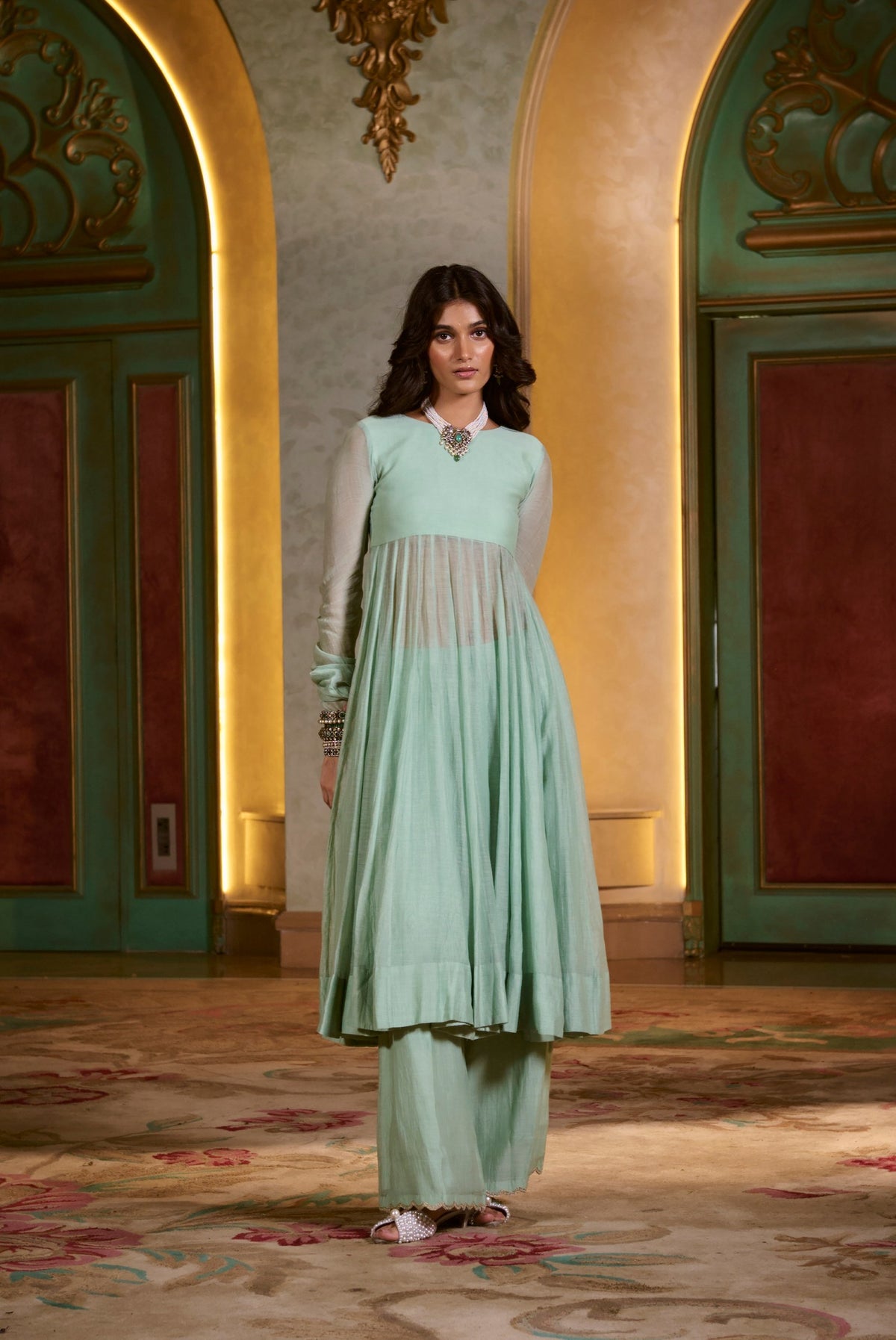 mint green chanderi anarkali set, image 2