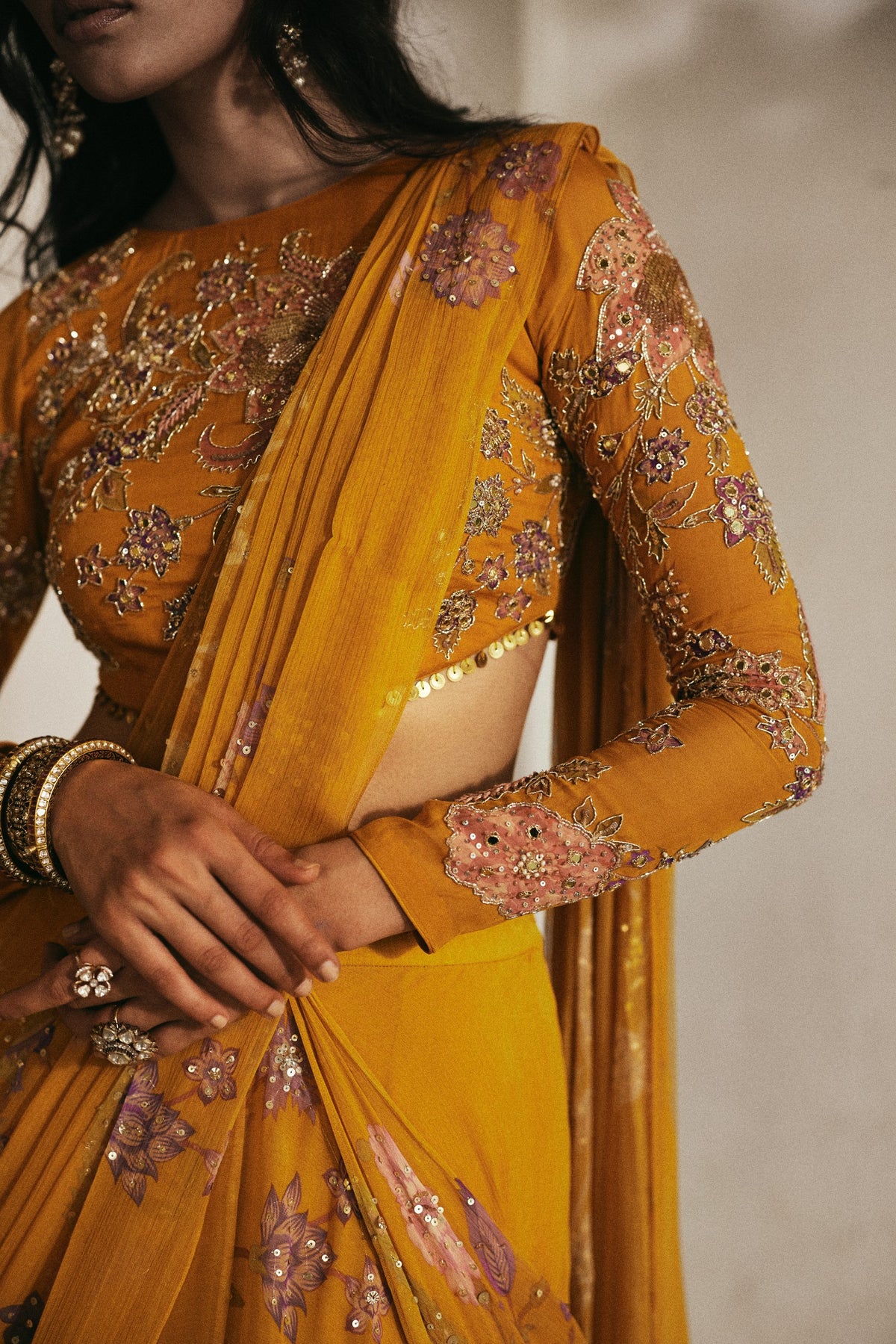 golden honey floral chiffon saree set, image 2