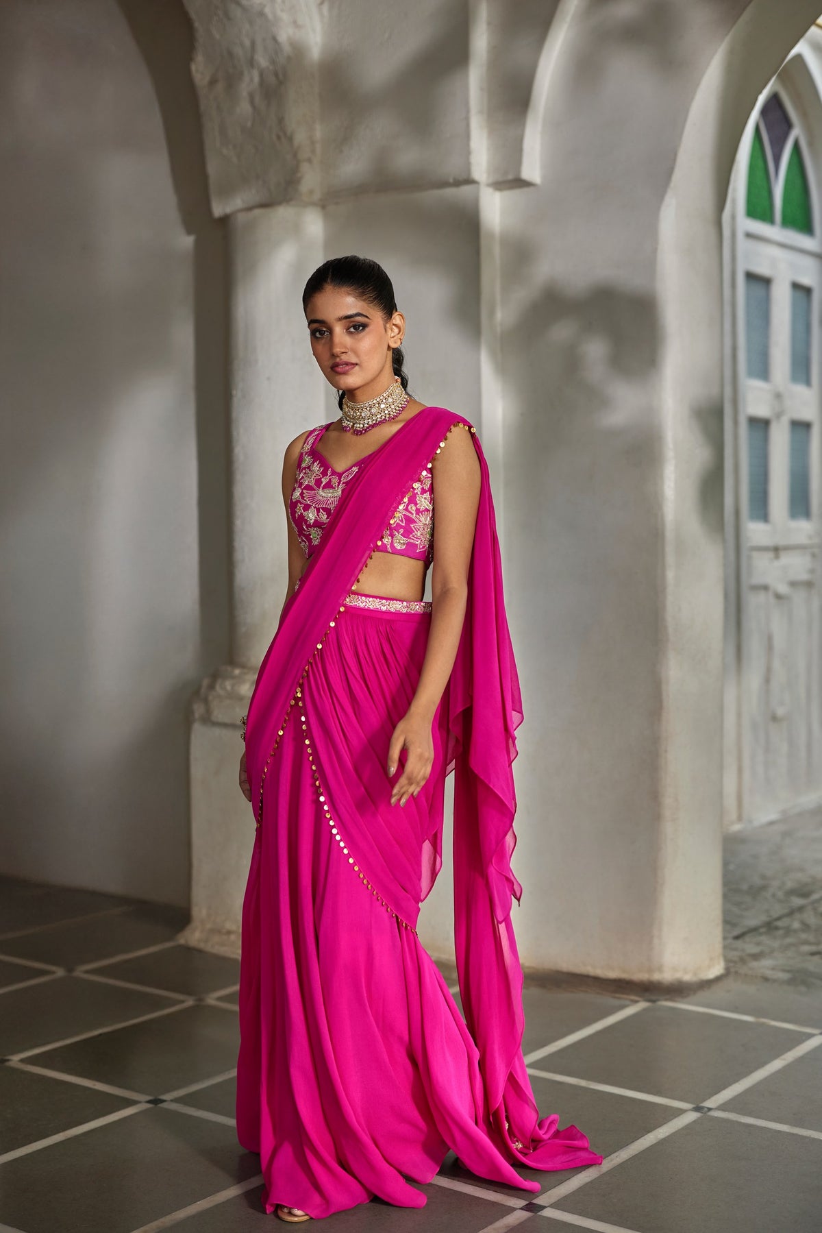 bright pink georgette pre-draped saree set, image 2