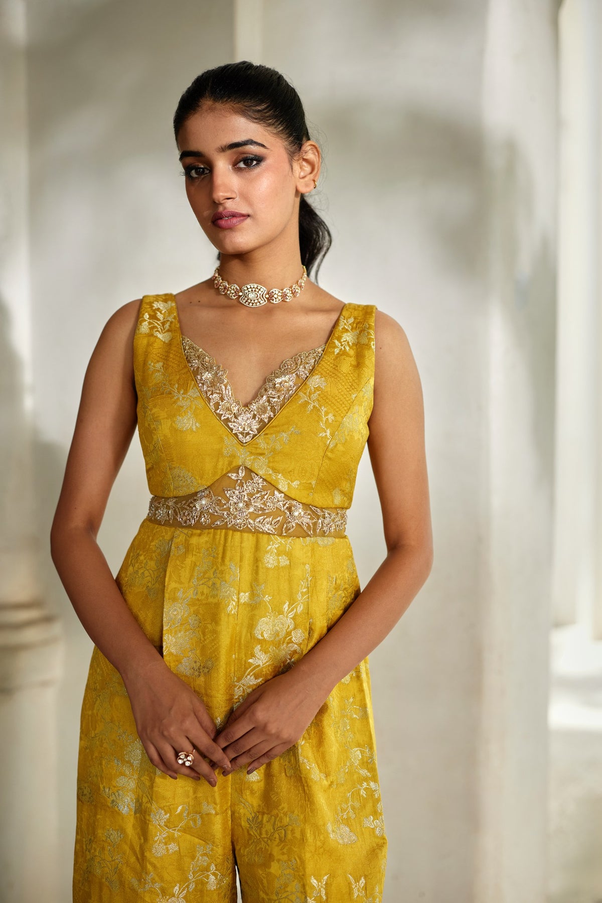 yellow silver jacquard jumpsuit, image 2
