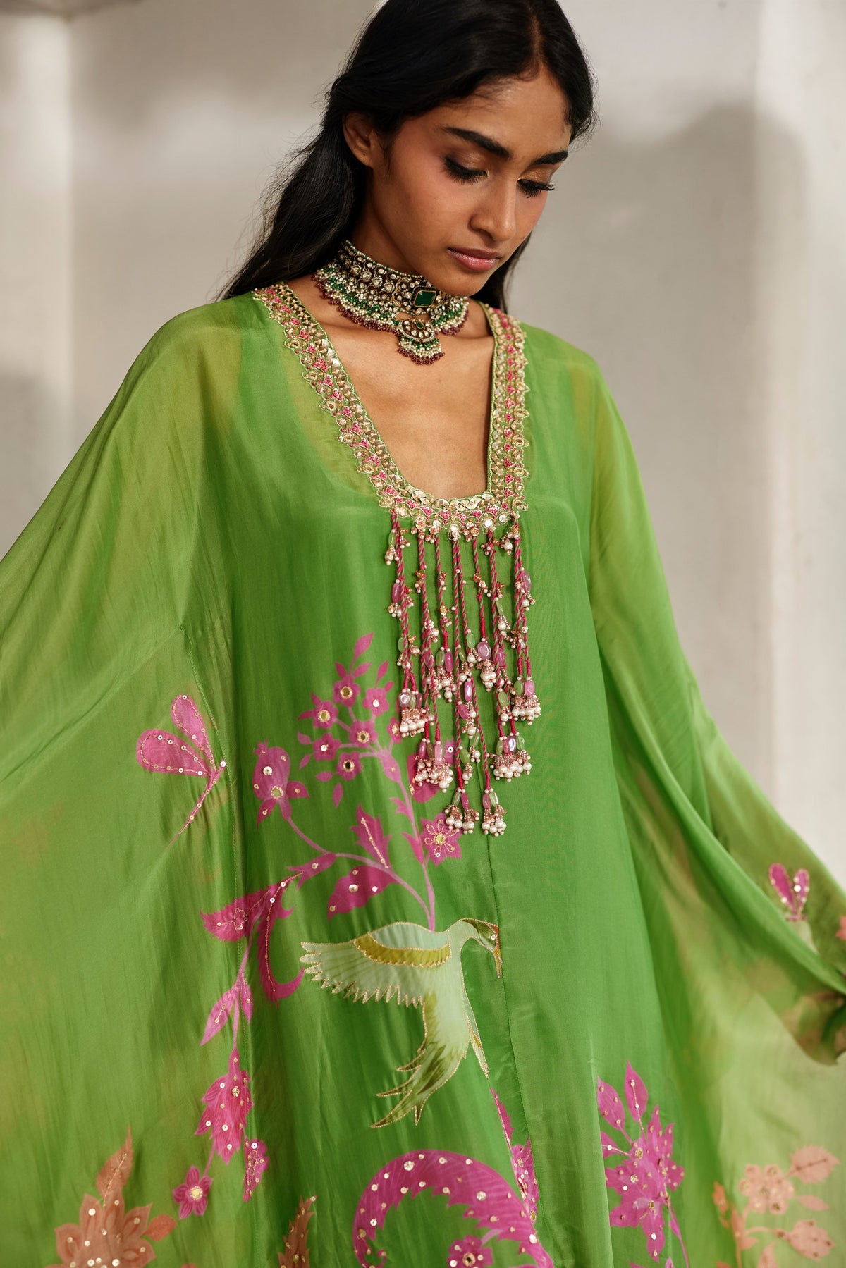 green floral silk organza kaftan, image 2