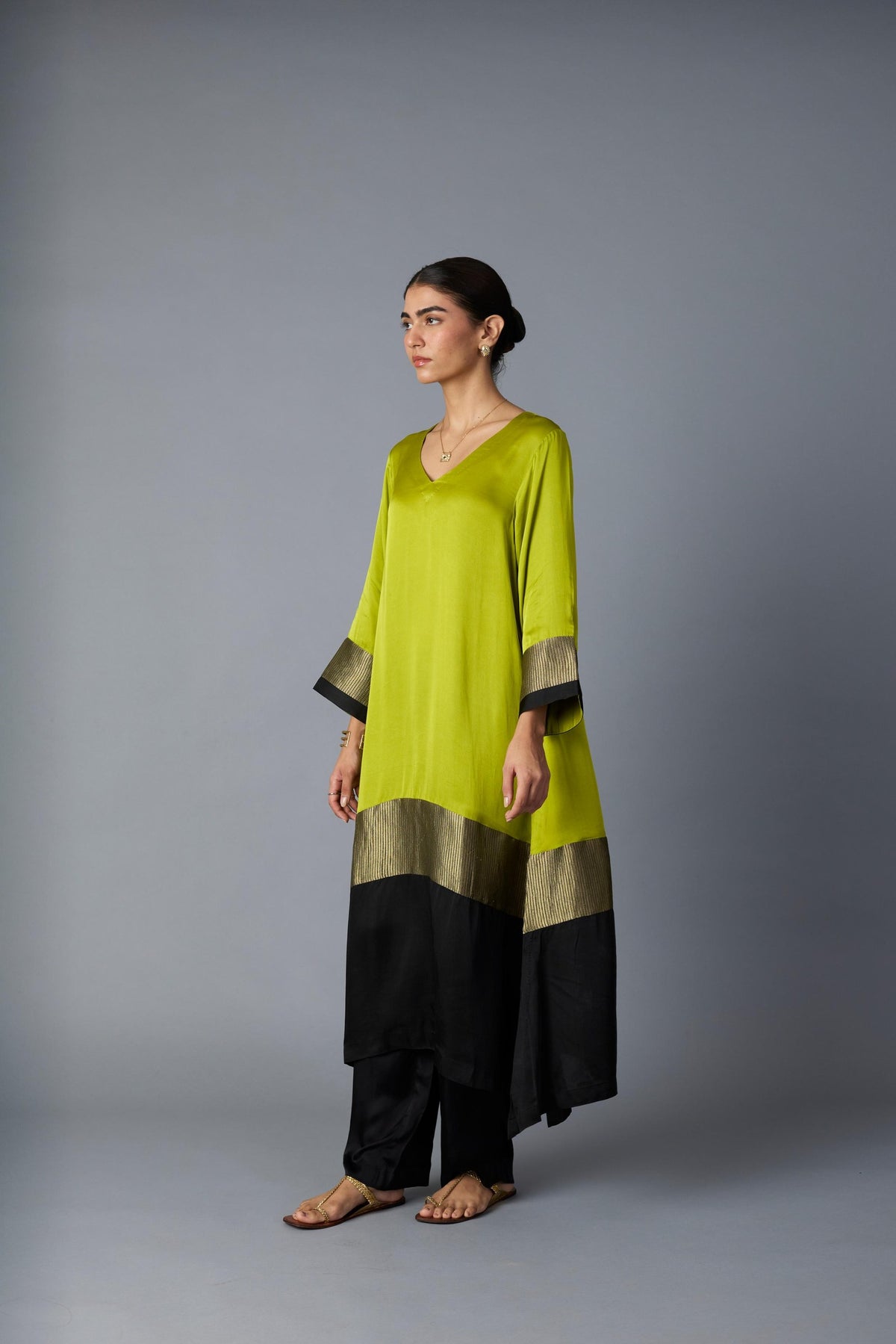 heena kaftan set in lime green & black, image 2