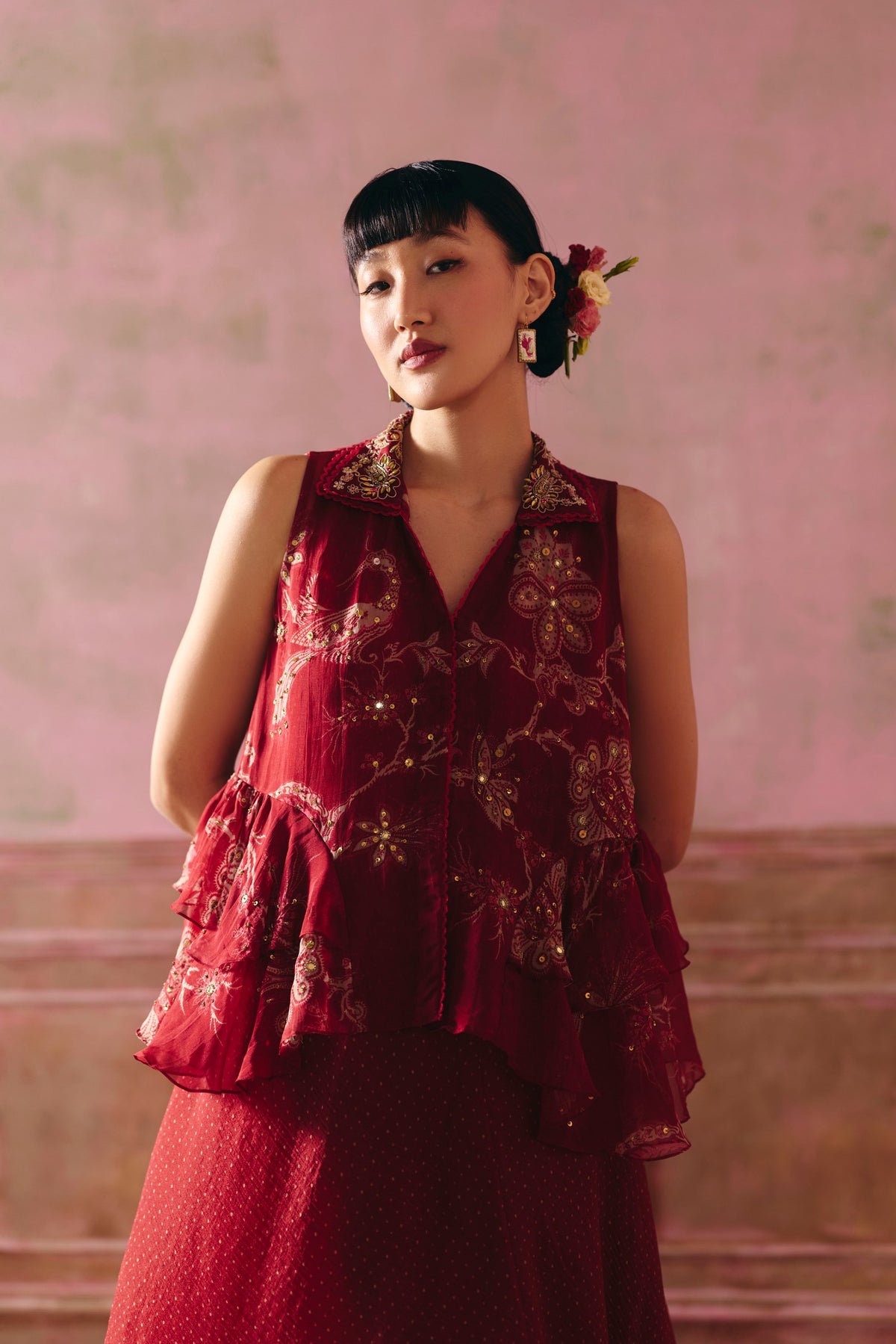 cherie kurta set in cherry red, image 2