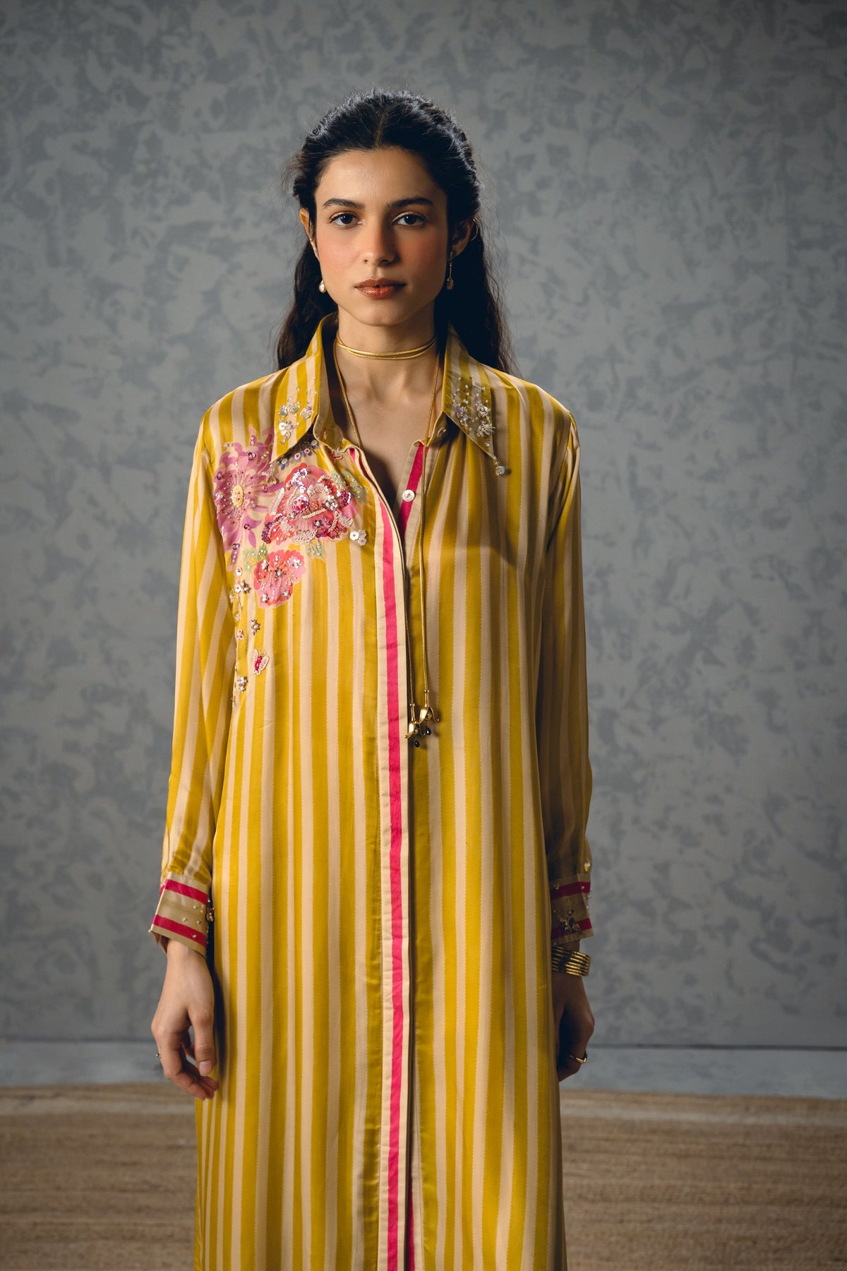 lacey kurta set in mustard, image 2