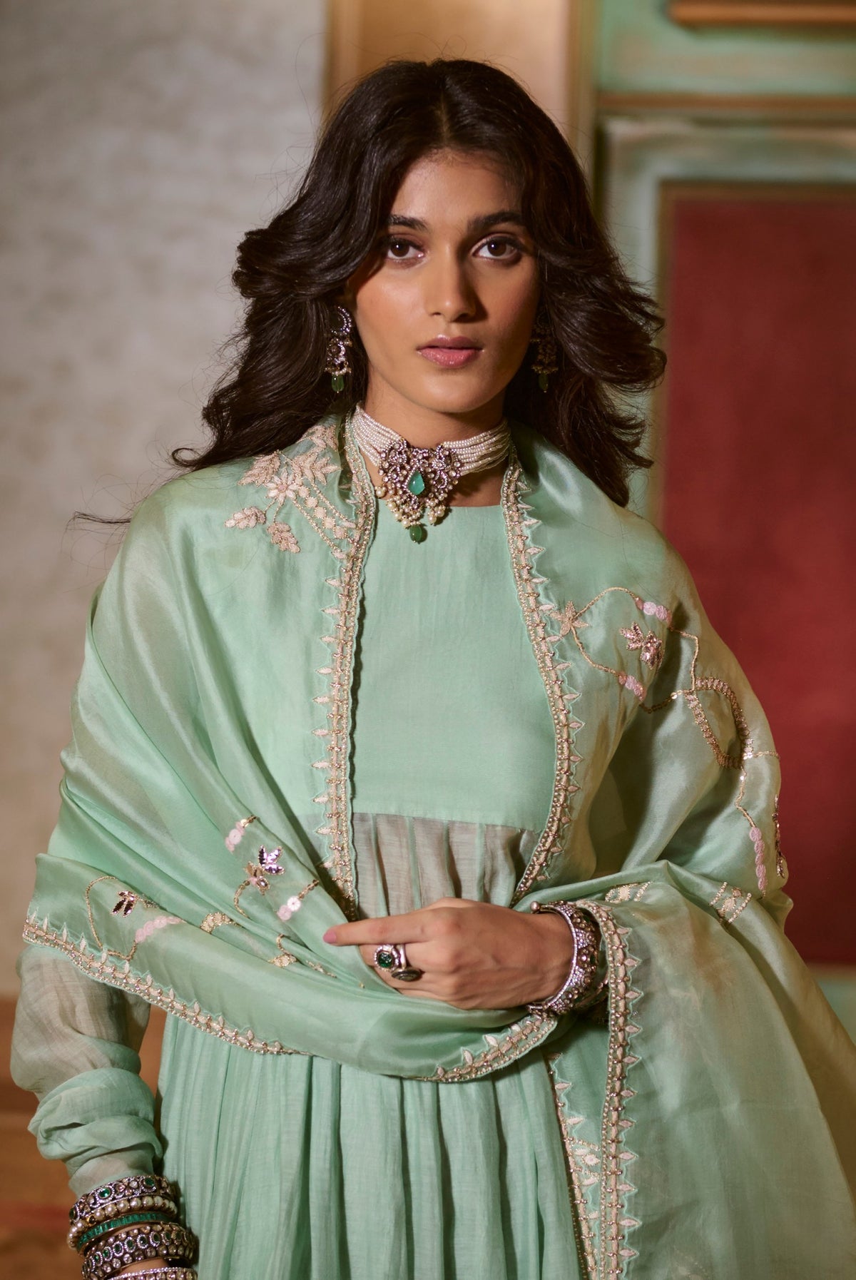 mint green chanderi anarkali set, image 3