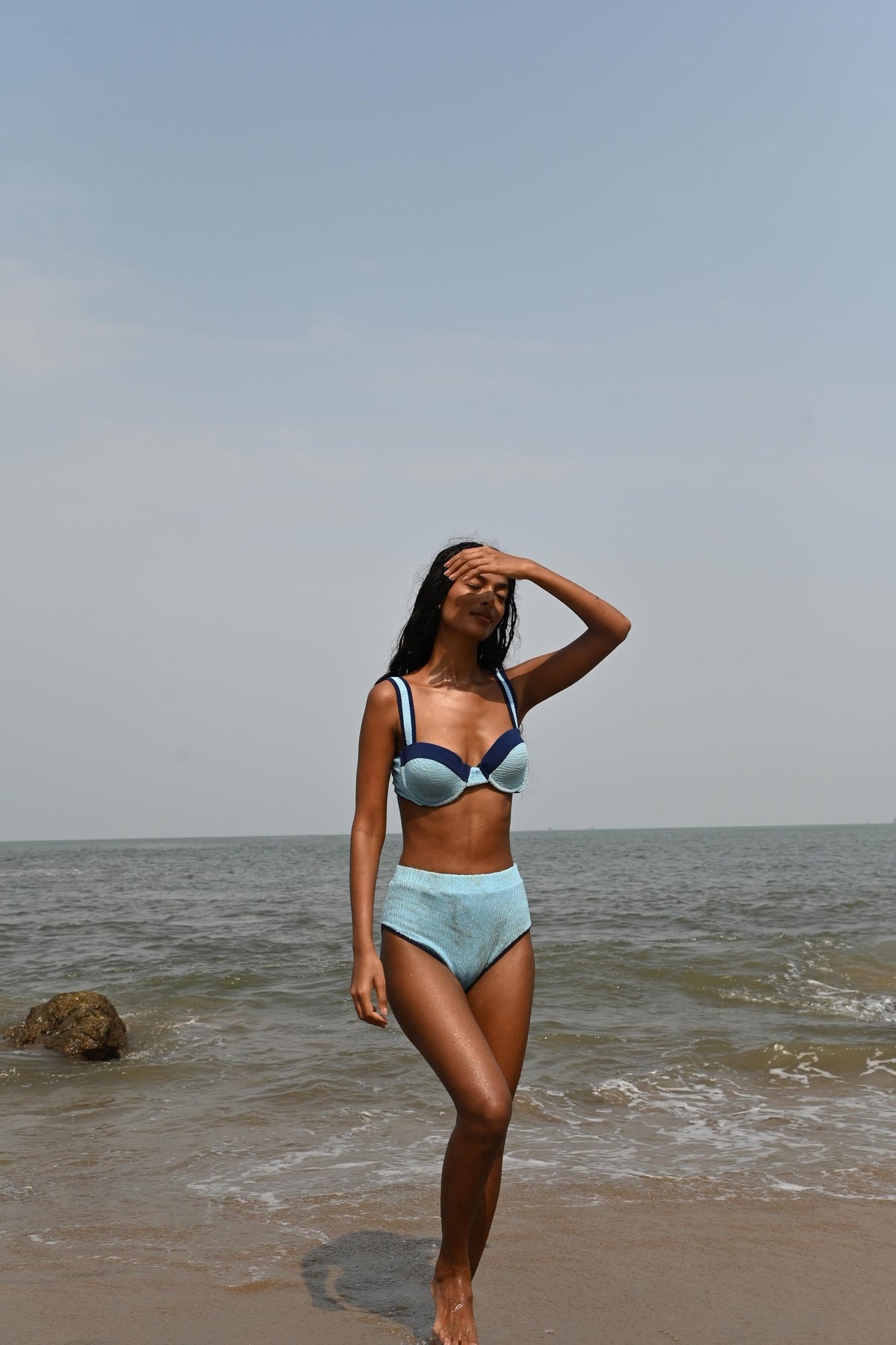 high waisted bikini bottom in light blue, image 3