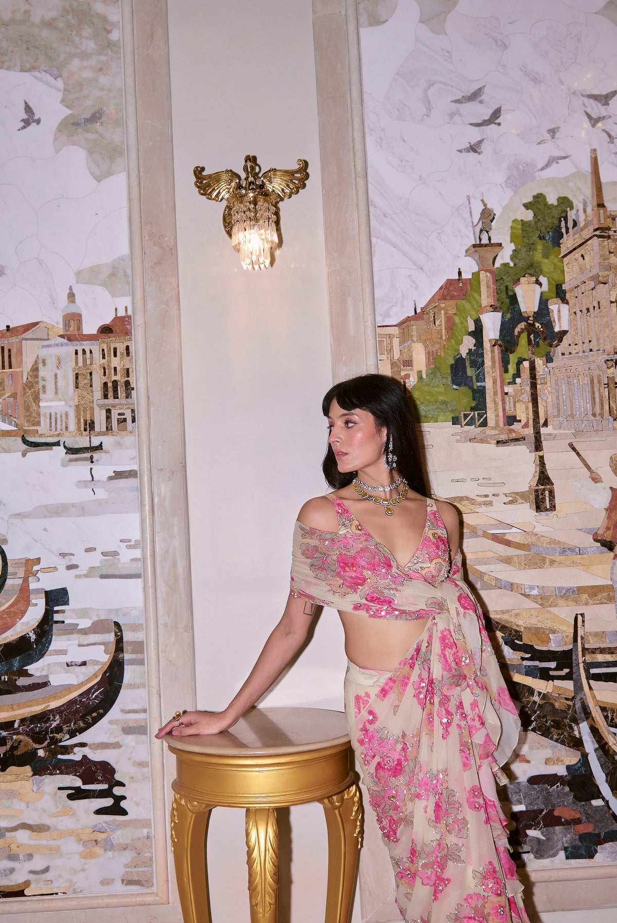 ivory floral pre-draped saree set, image 3