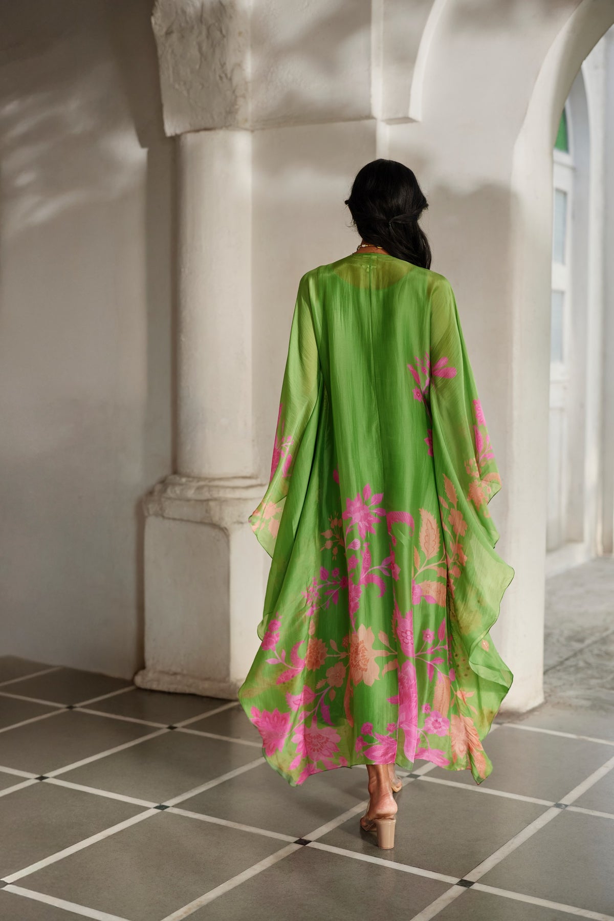 green floral silk organza kaftan, image 3