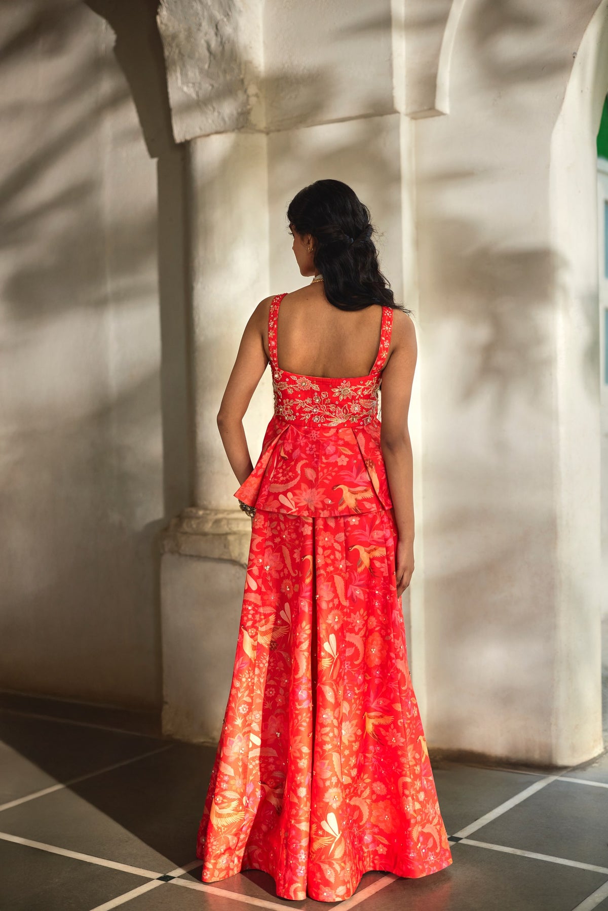 sunset red printed peplum and palazzo set, image 3