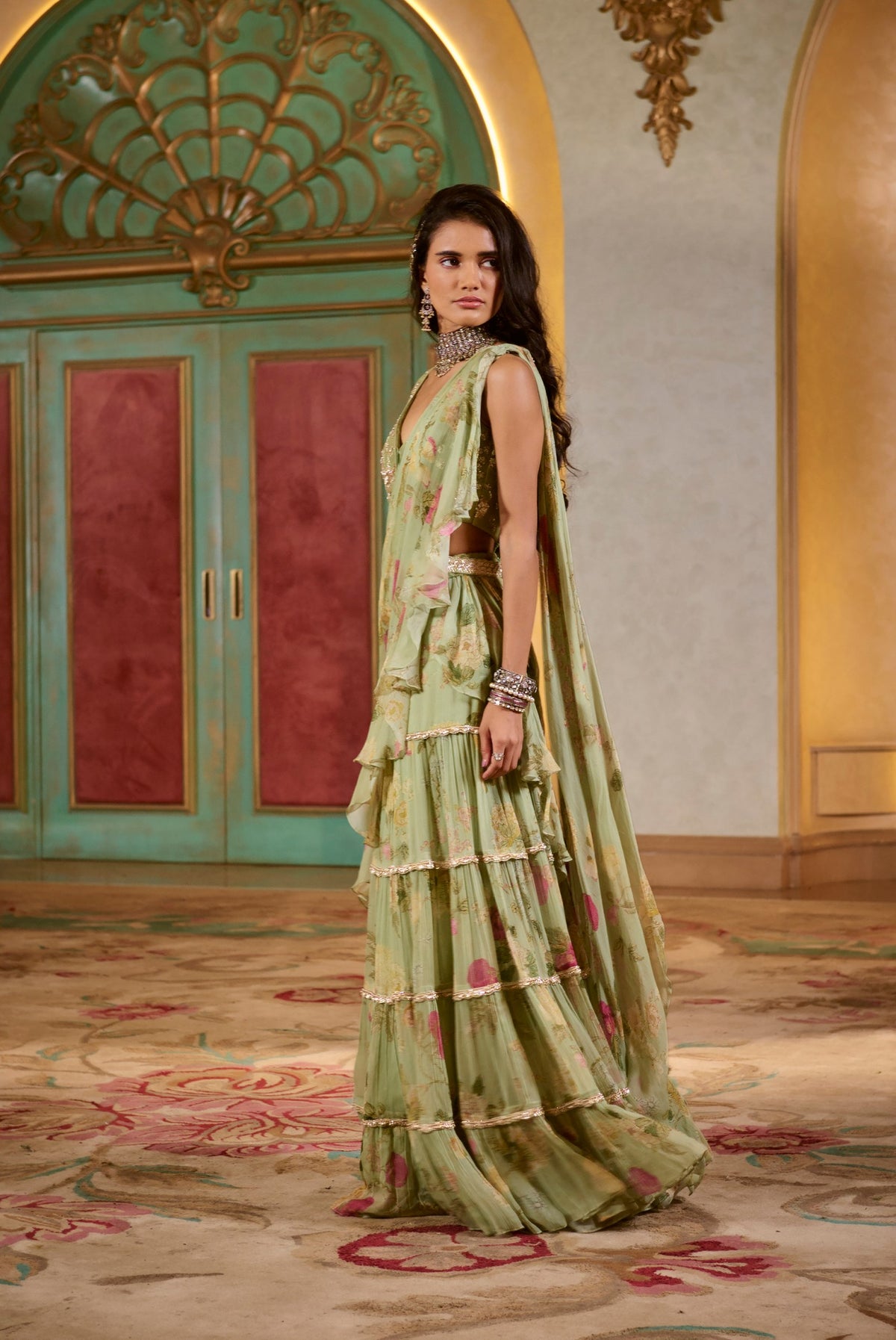 sage green chiffon ruffle saree set, image 3