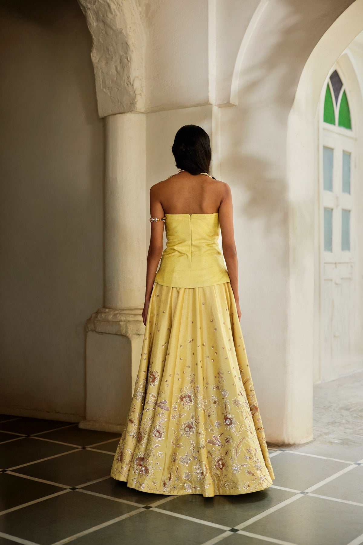 soft yellow jamavar corset lehenga set, image 3