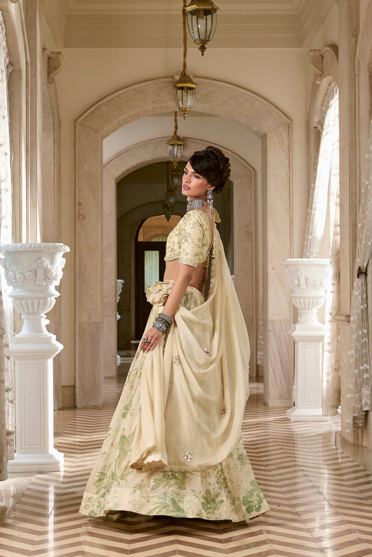 ivory and green organza lehenga set, image 3