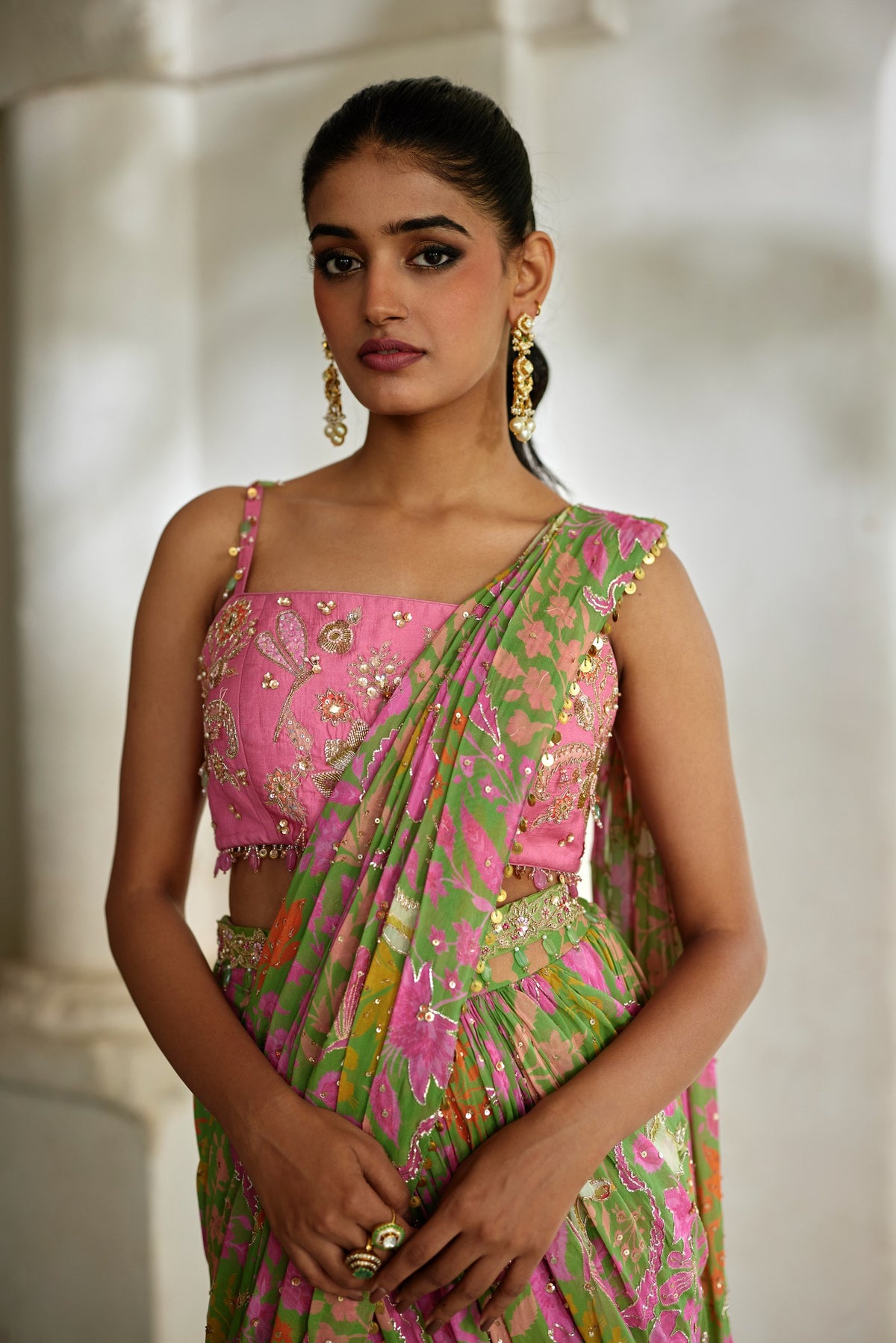 green and pink floral georgette saree set, image 3