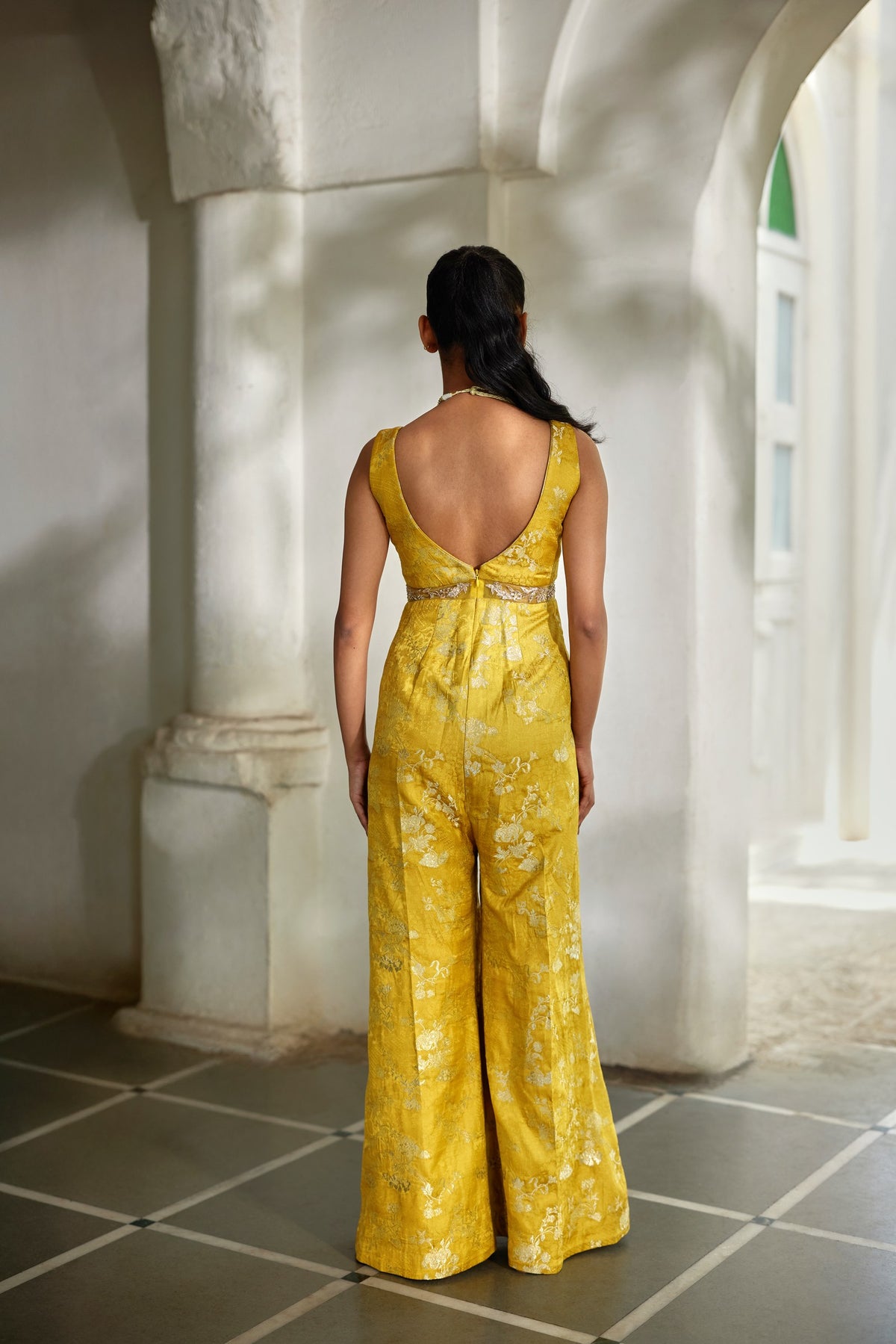 yellow silver jacquard jumpsuit, image 3