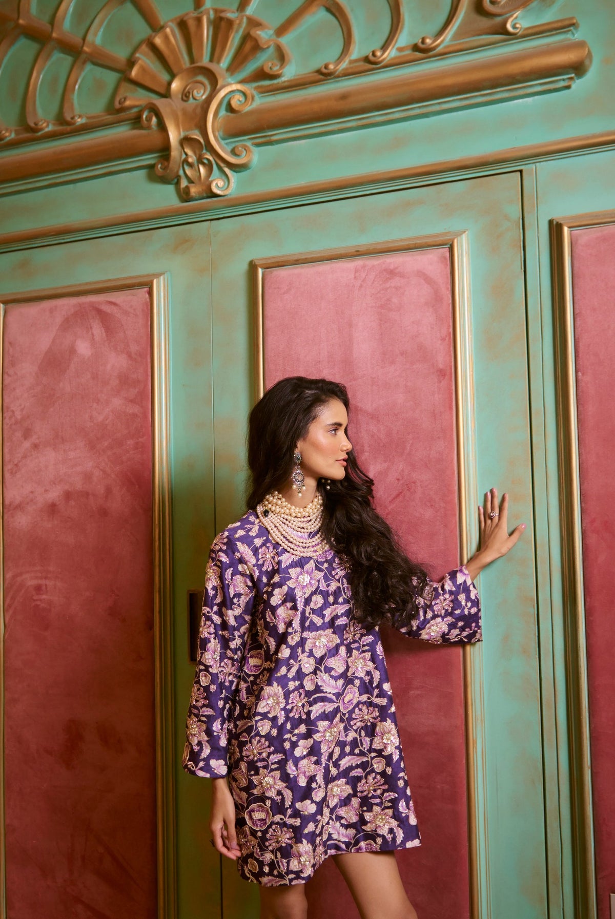 purple floral embroidered short dress, image 3