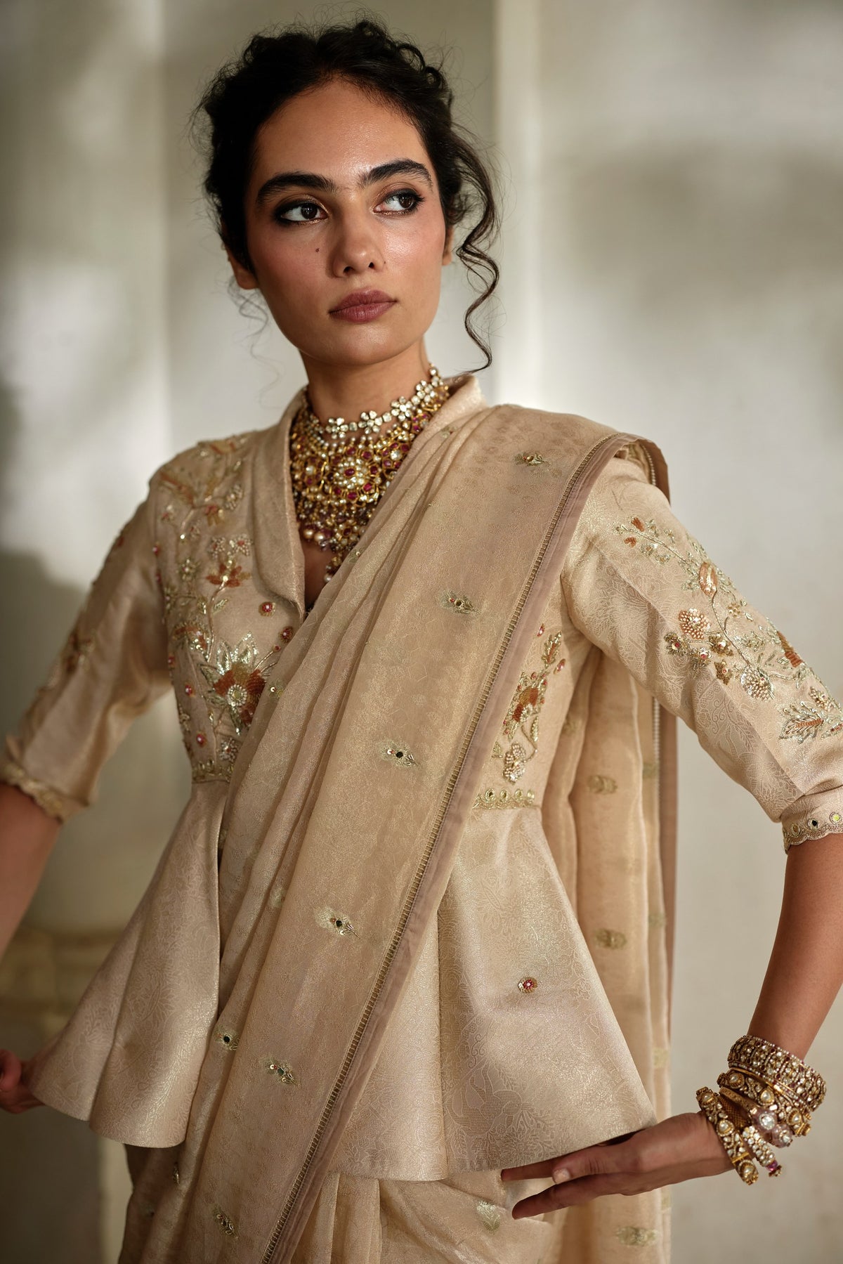 beige tissue saree and peplum set, image 3