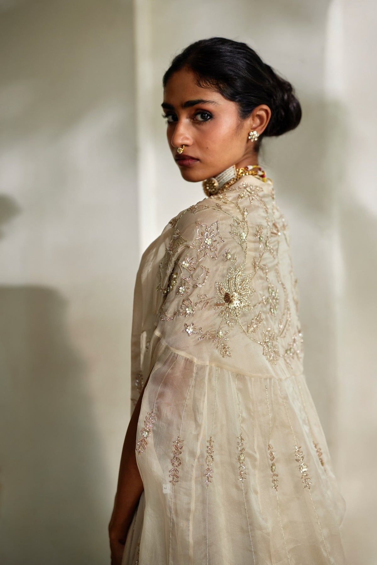 ivory jamavar anarkali and organza cape set, image 3